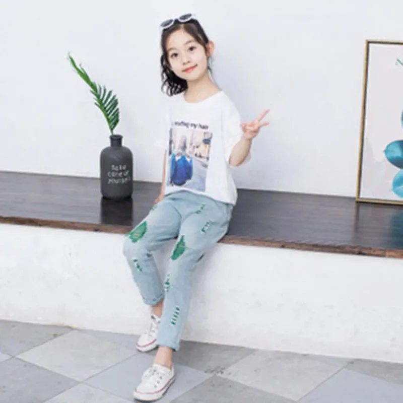 2024 New Fashion Multicolor Hole Little Girl Jeans Boy Spring and Summer Denim Casual Loose Cuffed Jeans Children Pants