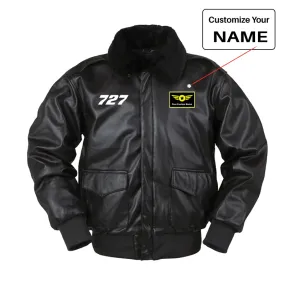 727 Flat Text Designed Leather Bomber Jackets