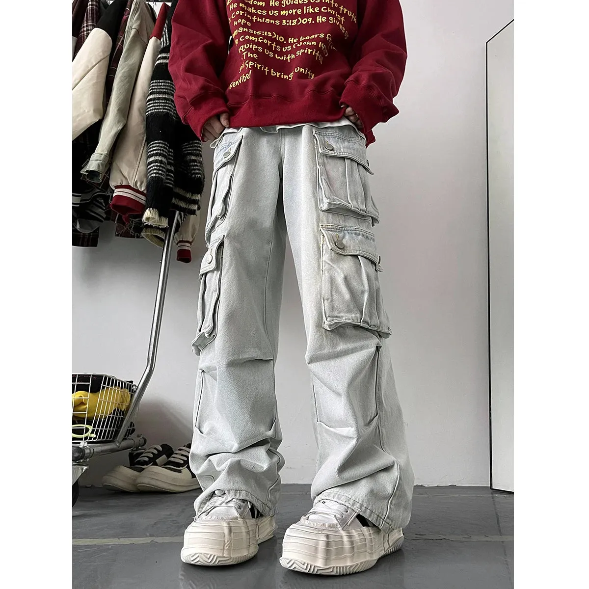 Aidase Light Blue Cargo Jeans Men's Patchwork Straight Casual Trousers Men Muti-pockets Hip Hop Streetwear Loose Fashion Pants