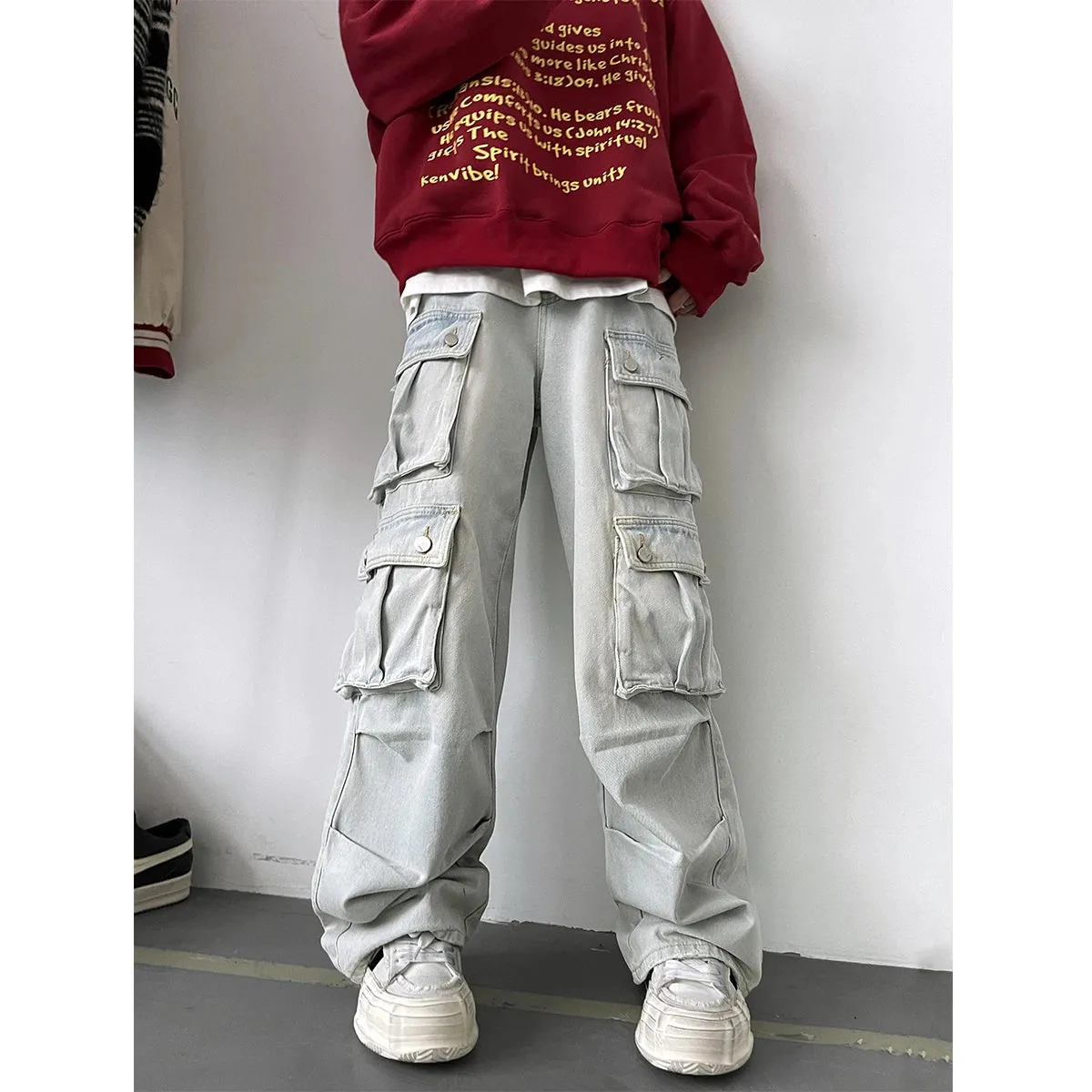 Aidase Light Blue Cargo Jeans Men's Patchwork Straight Casual Trousers Men Muti-pockets Hip Hop Streetwear Loose Fashion Pants