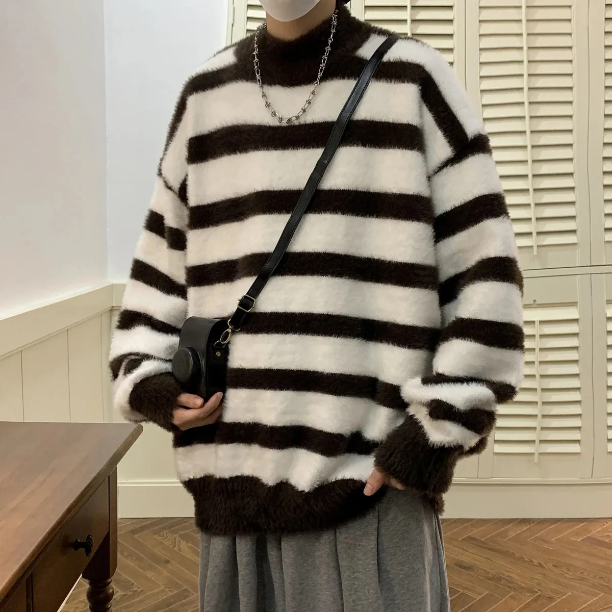 Aidase Striped Men Sweaters Men's Pullovers Harajuku Streetwear Winter New Casual Loose Wool Warm Knited Turtleneck Pullovers Top 3XL