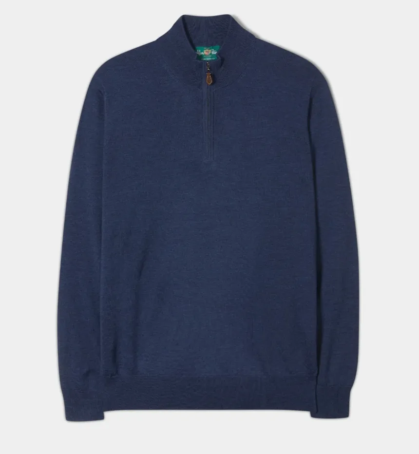 Alan Paine Barton Merino Wool 1/4 Zip Sweater Indigo