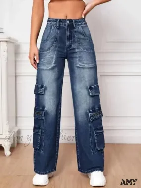 Amy Fashion - Fashion Multi Pocket Women's High Waist Y2K Loose Cargo Denim Wide Leg Casual Clothing 2024 Fall New S-2XL Jean