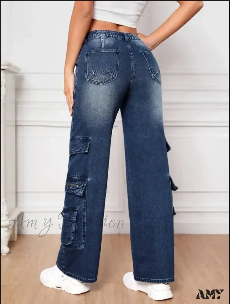 Amy Fashion - Fashion Multi Pocket Women's High Waist Y2K Loose Cargo Denim Wide Leg Casual Clothing 2024 Fall New S-2XL Jean