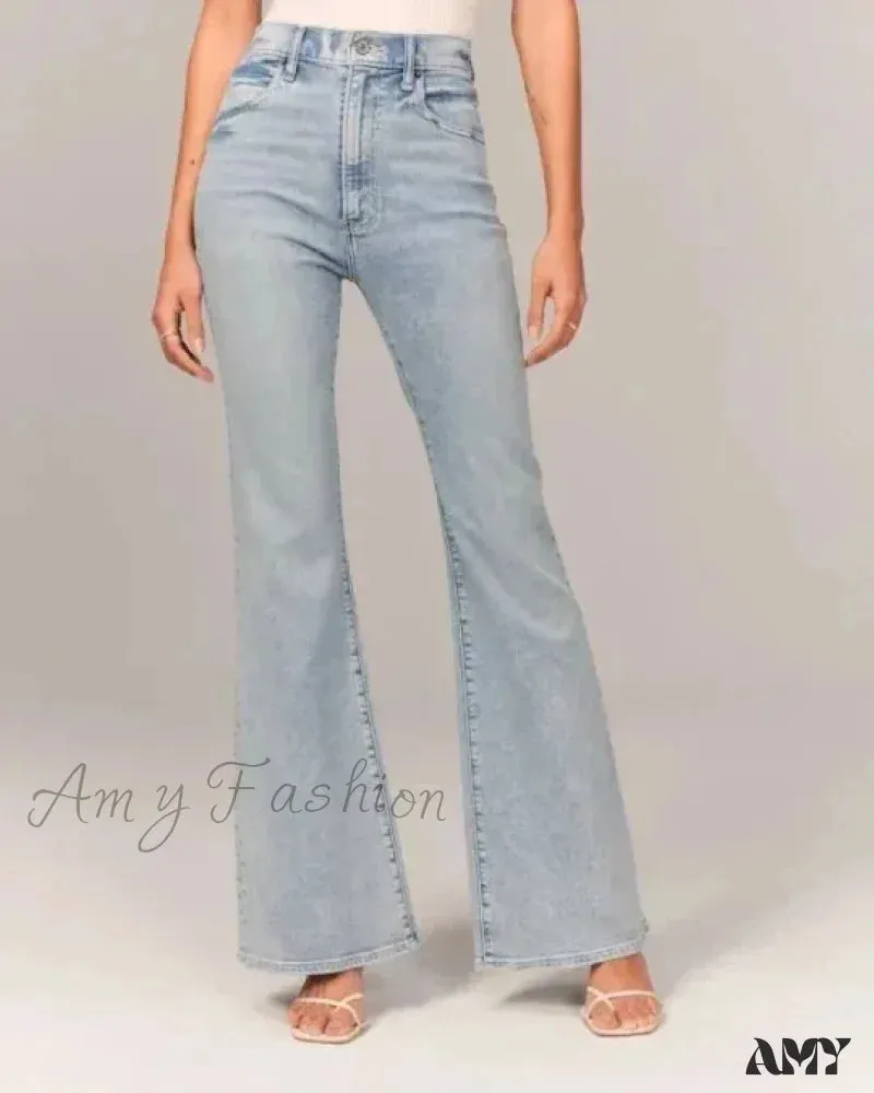 Amy Fashion - Flare Vintage Ladies Fashion Stretch Pocket Plus Size Wide Denim Jean