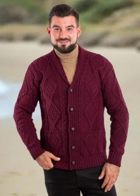 Aran Men's Shawl Button Cardigan | Wine