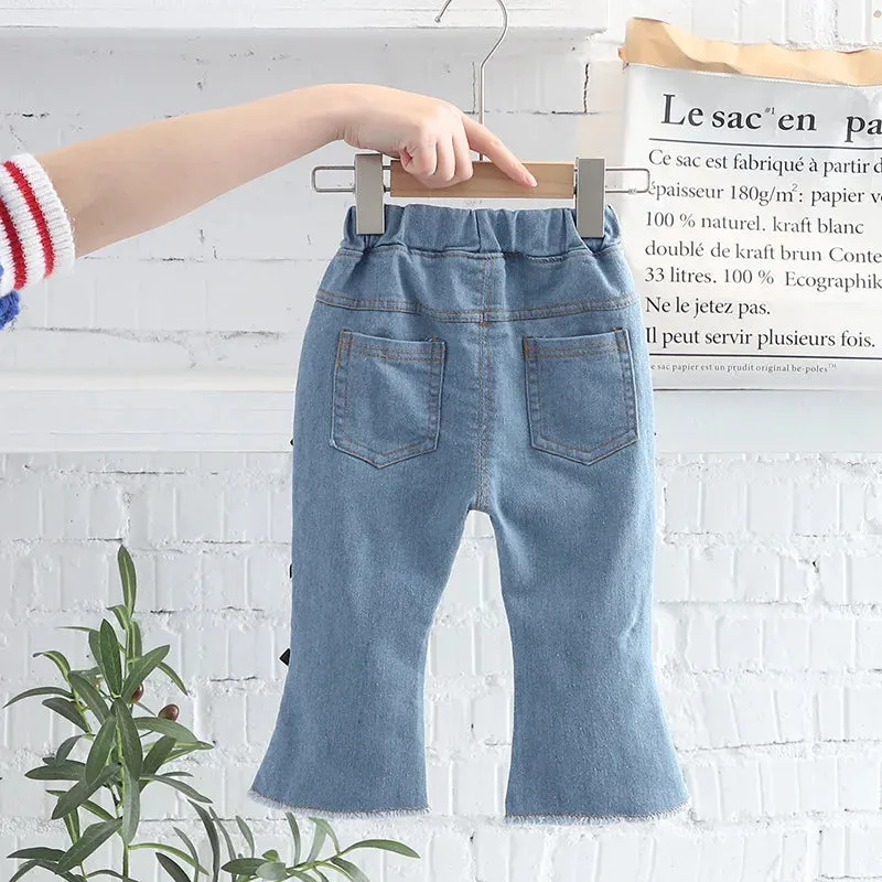 Baby Girl Jeans Fashion Flare Trousers Baby Girl Long Pants Spring Children Trousers 12 3 4 5Yrs Toddler Girl Single Layer Jeans