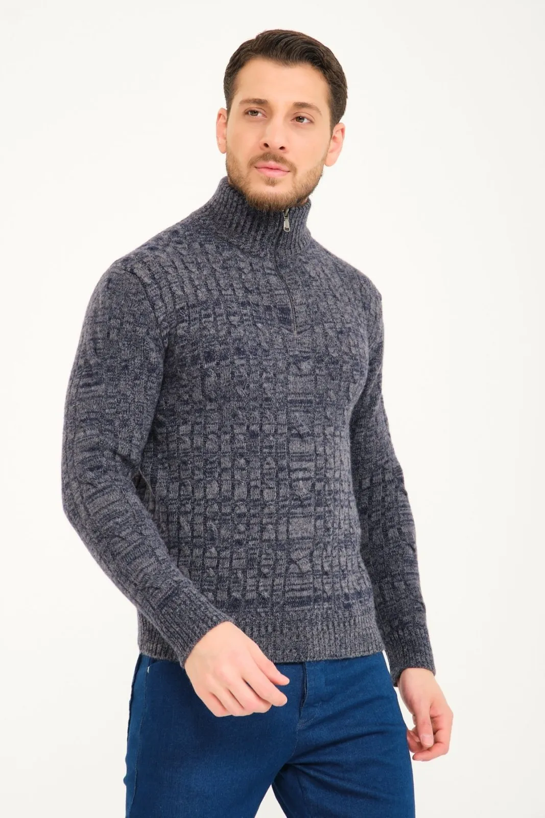 Blue Melange Wool Knit Sweater