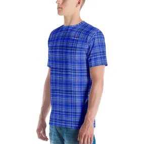 Blue Plaid Print Men's T-shirt, Tartan Scottish Style Plaid Print Designer Tees For Men -Made in USA/EU/MX