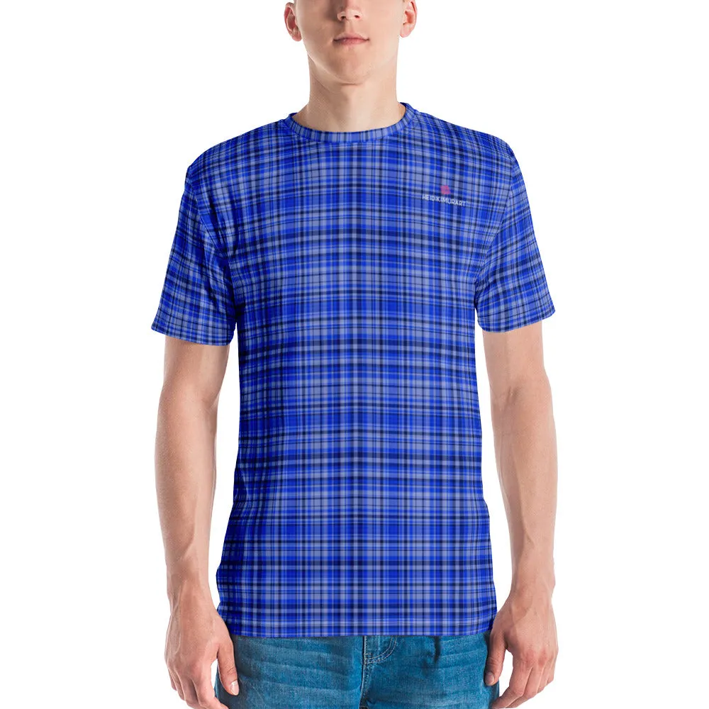 Blue Plaid Print Men's T-shirt, Tartan Scottish Style Plaid Print Designer Tees For Men -Made in USA/EU/MX