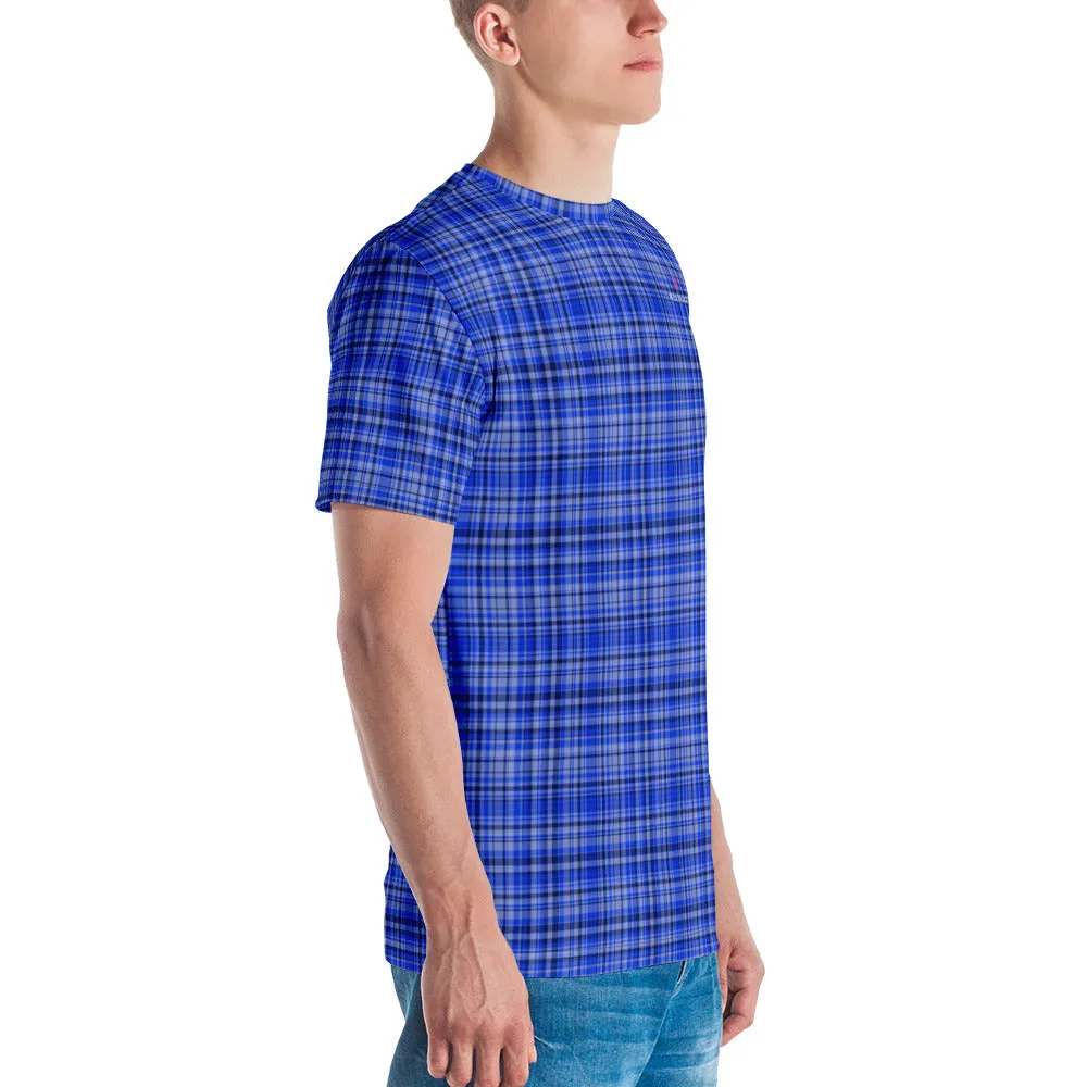 Blue Plaid Print Men's T-shirt, Tartan Scottish Style Plaid Print Designer Tees For Men -Made in USA/EU/MX