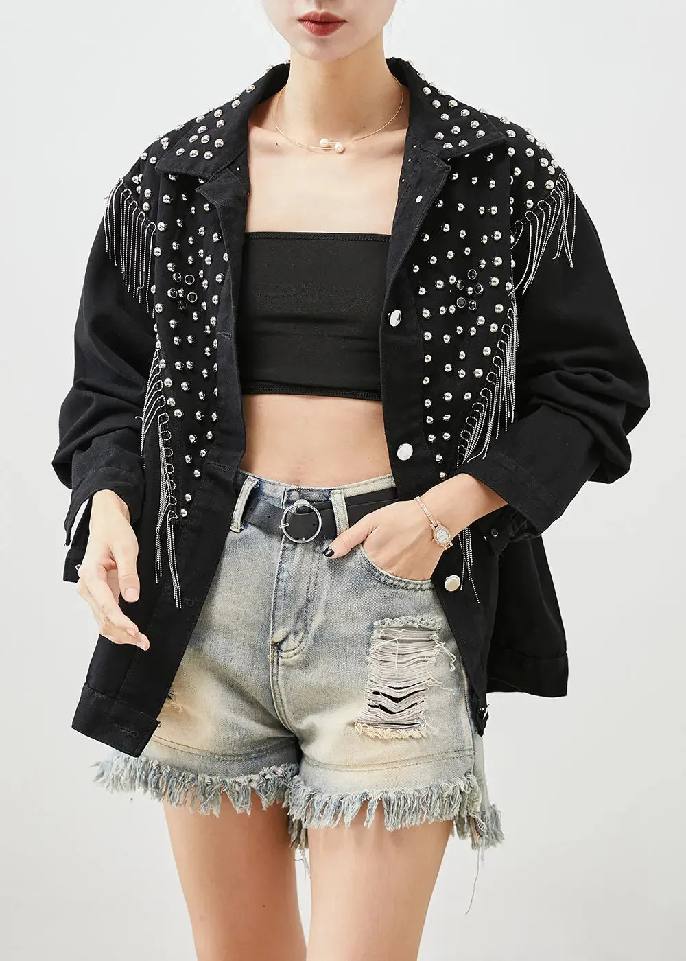 Boutique Black Tasseled Rivet Denim Jackets Fall ML0476