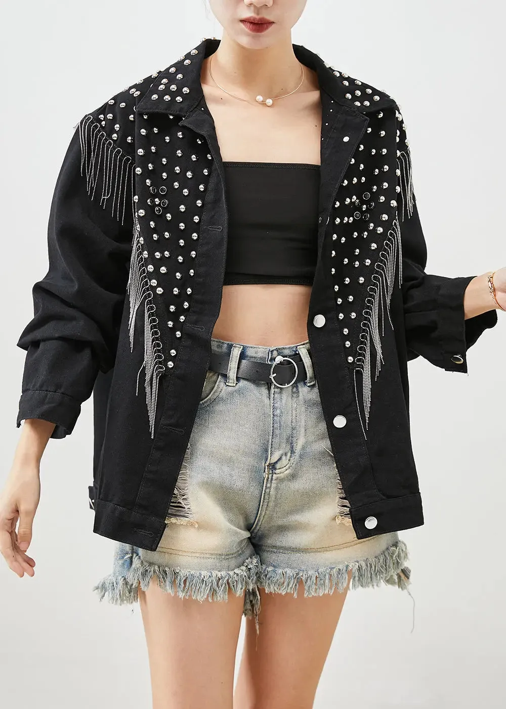 Boutique Black Tasseled Rivet Denim Jackets Fall ML0476