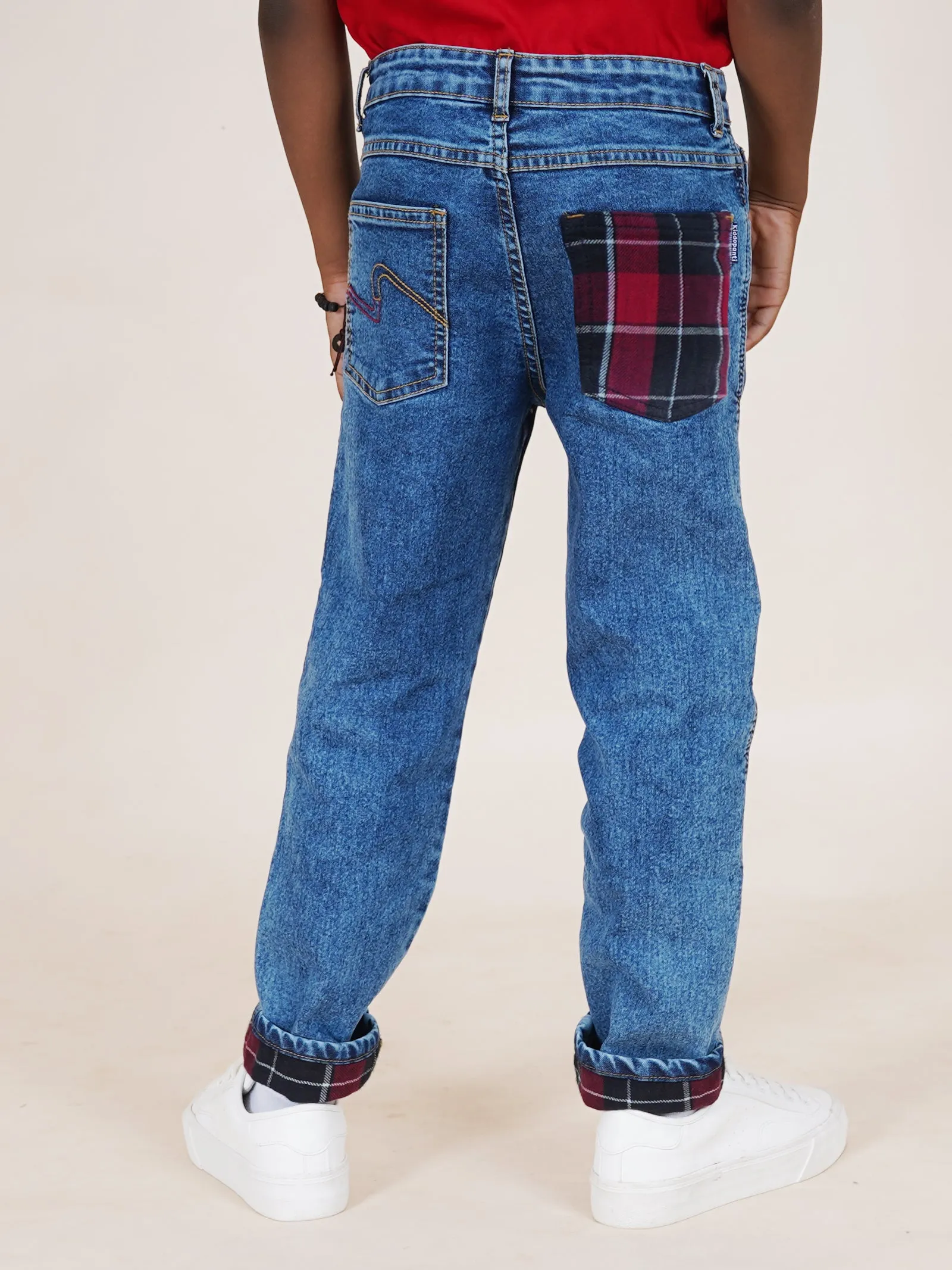 Boys Full length Denim Jeans With Contrast Red Checks Bottom Hem Roll Up