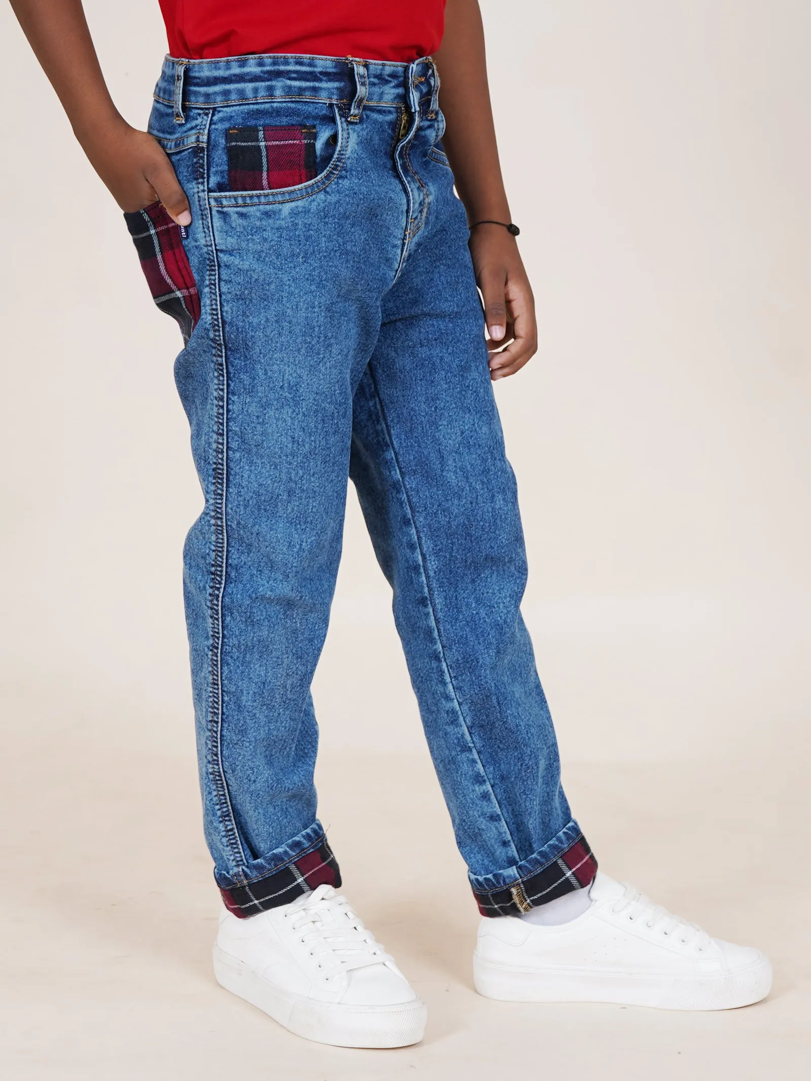 Boys Full length Denim Jeans With Contrast Red Checks Bottom Hem Roll Up