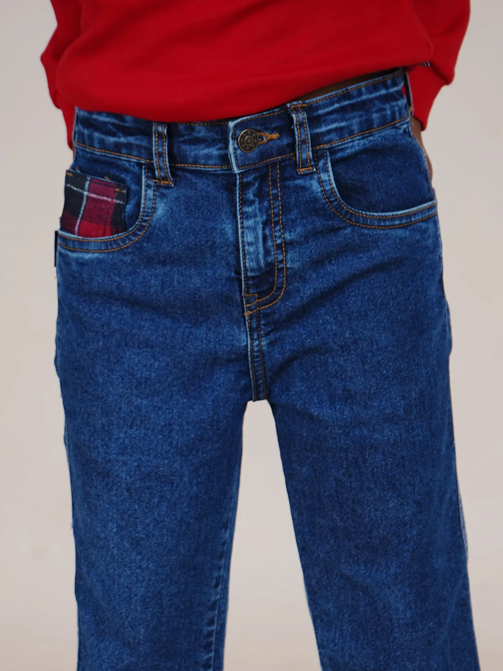 Boys Full length Denim Jeans With Contrast Red Checks Bottom Hem Roll Up