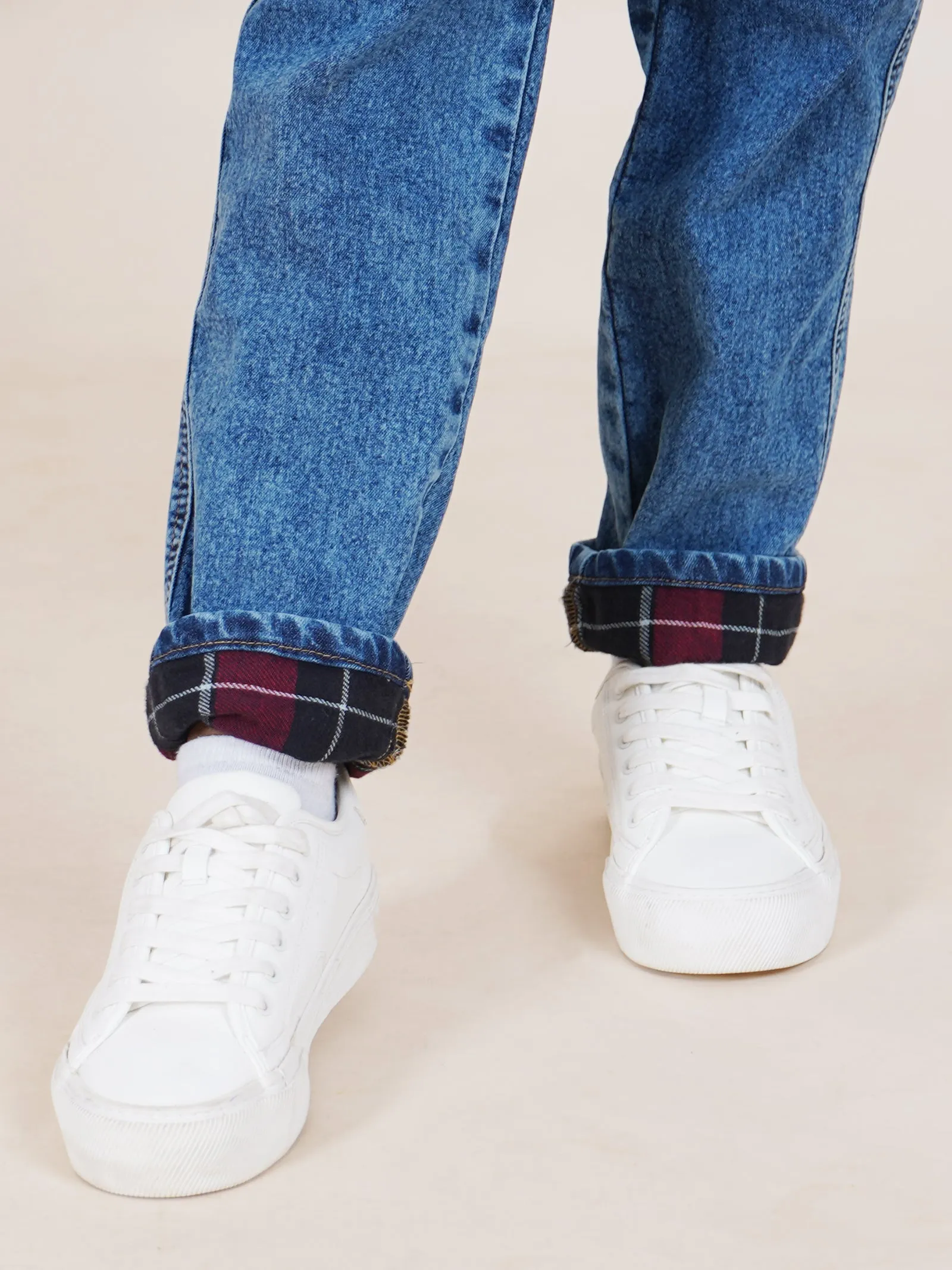 Boys Full length Denim Jeans With Contrast Red Checks Bottom Hem Roll Up