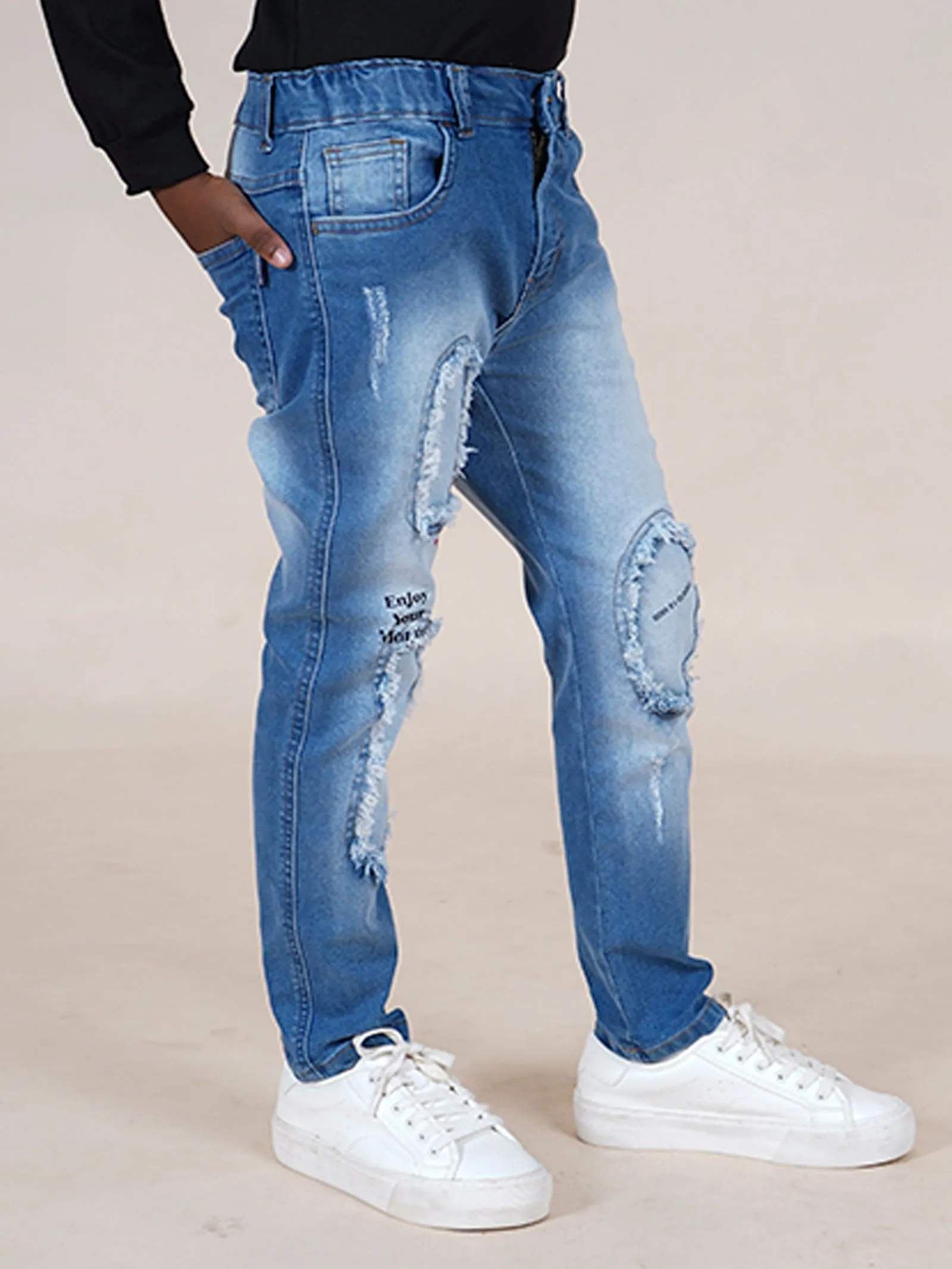 Boys Full Length Patch Denim Jeans With Text Print & Elasticated Waistband