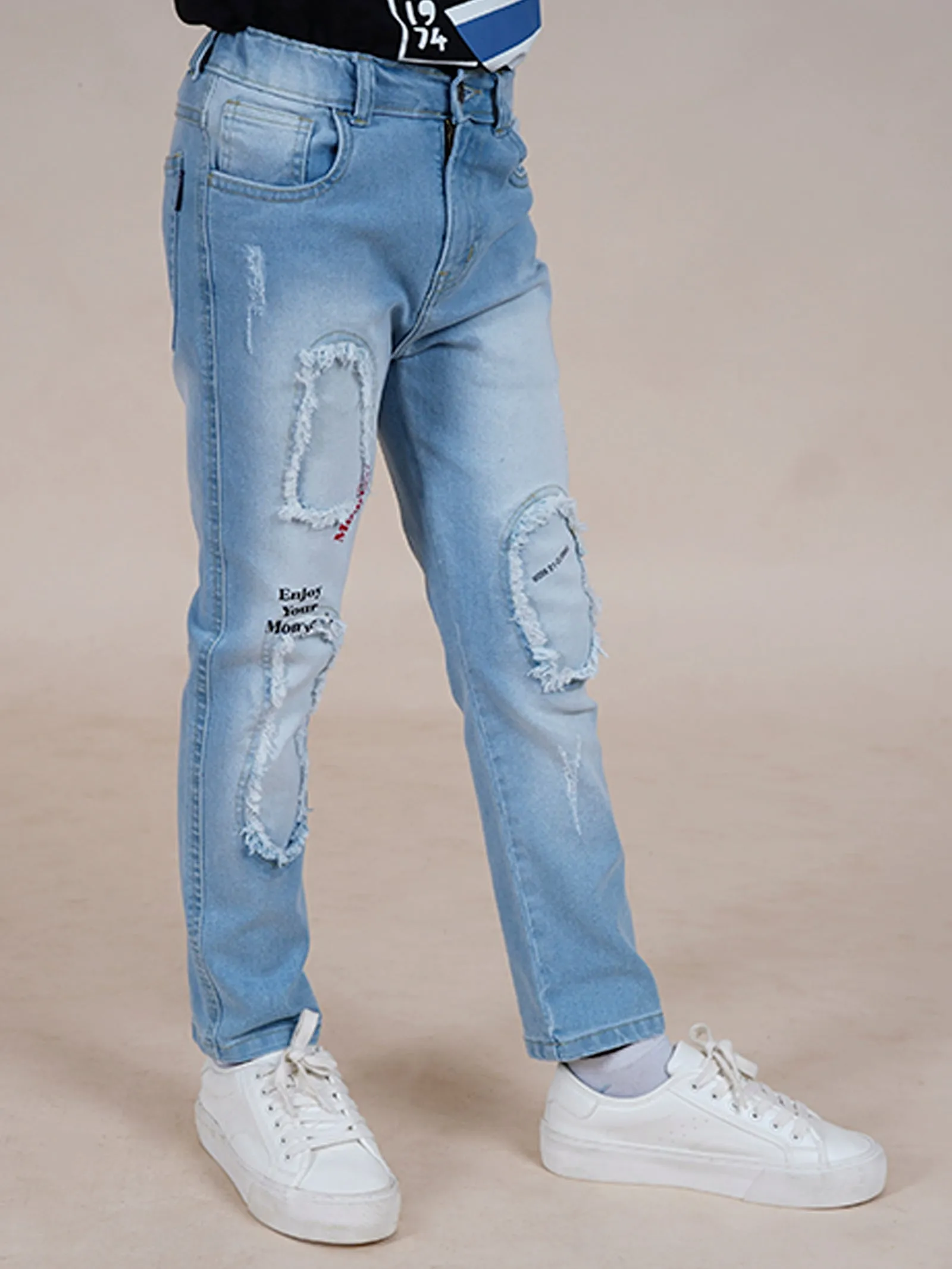 Boys Full Length Patch Denim Jeans With Text Print & Elasticated Waistband