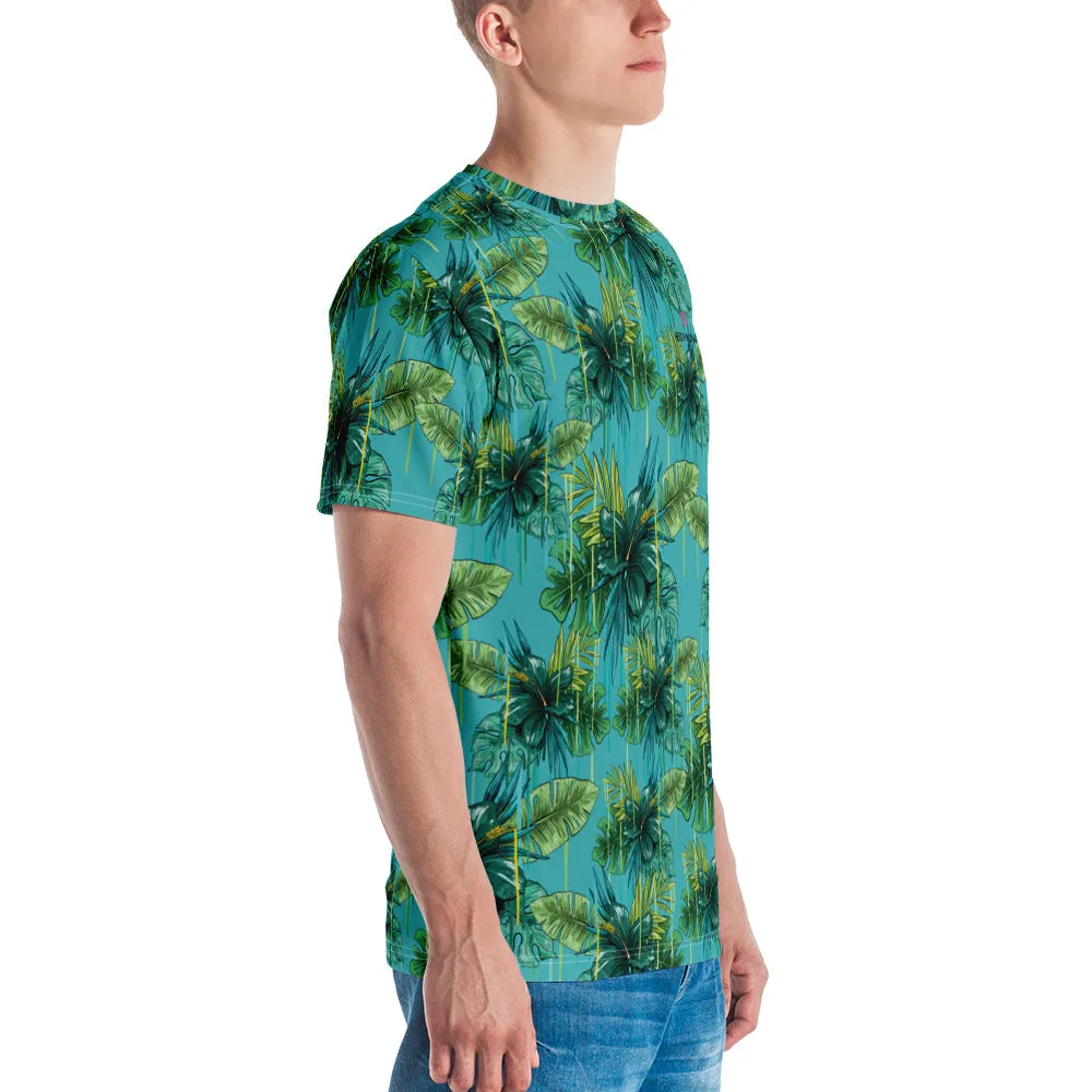 Bright Blue Tropical Leaf T-shirt, Hawaiian Style Premium Printed Tee For Men-Made in USA/EU/MX