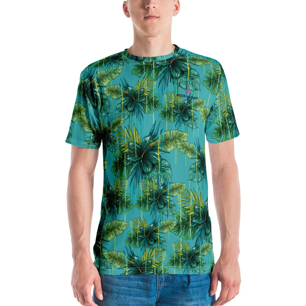 Bright Blue Tropical Leaf T-shirt, Hawaiian Style Premium Printed Tee For Men-Made in USA/EU/MX