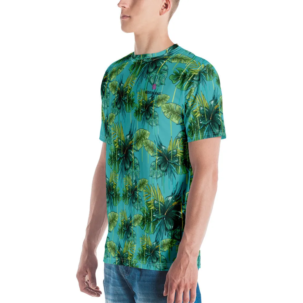 Bright Blue Tropical Leaf T-shirt, Hawaiian Style Premium Printed Tee For Men-Made in USA/EU/MX