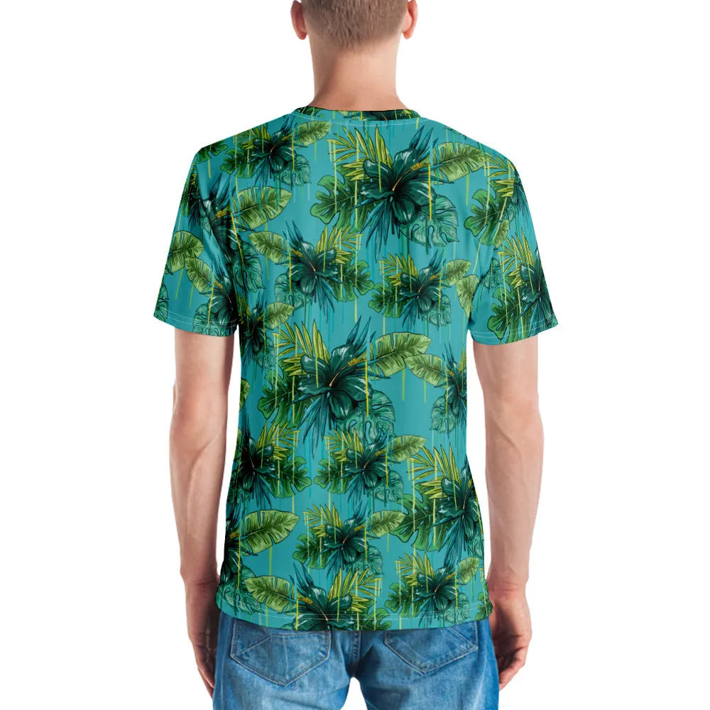 Bright Blue Tropical Leaf T-shirt, Hawaiian Style Premium Printed Tee For Men-Made in USA/EU/MX