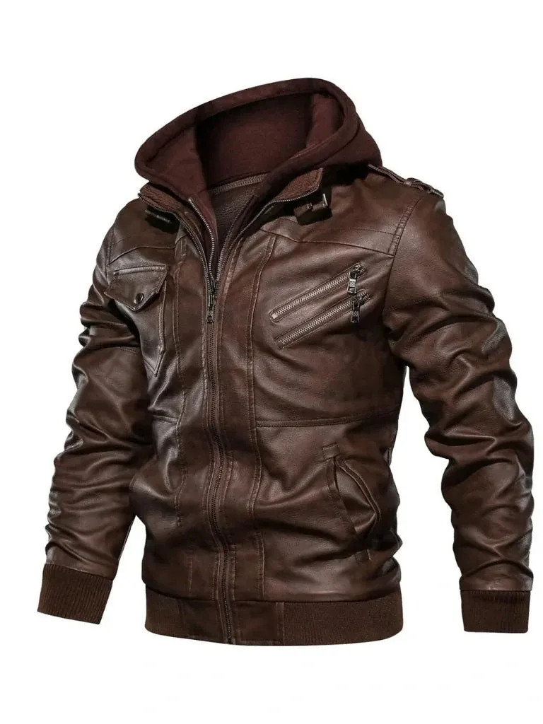 Brown Bomber Hooded Leather Jacket