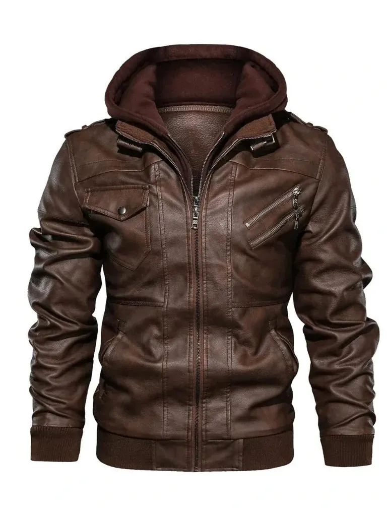 Brown Bomber Hooded Leather Jacket