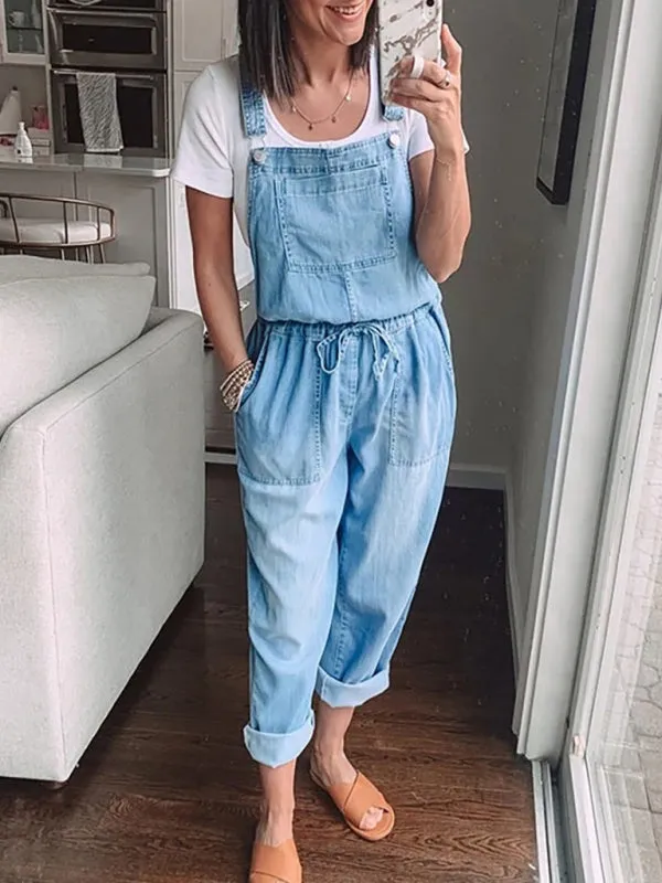 Denim Jumpsuit Loose Fashion Elastic Mid Waist Jumpsuit Women's Pants