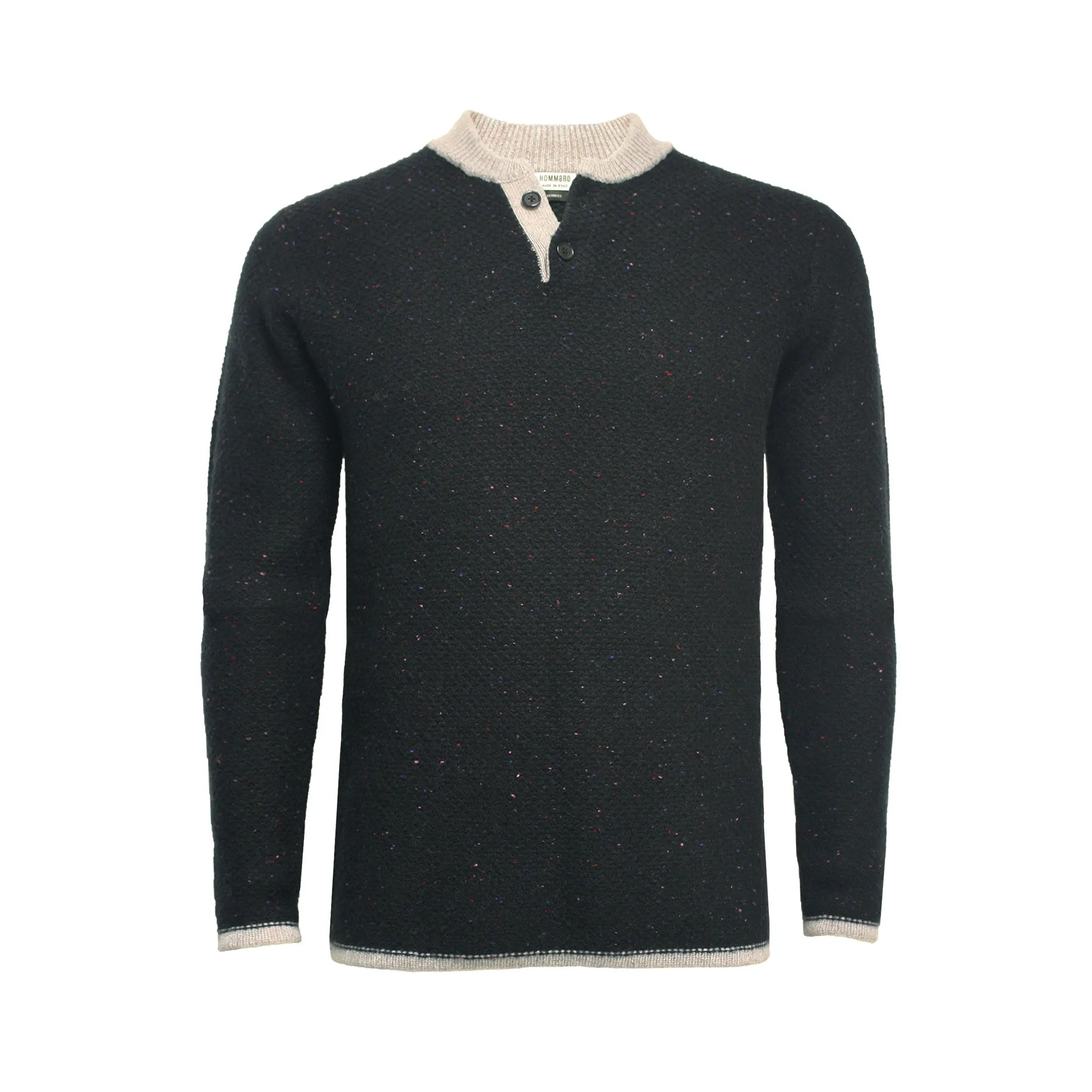 Donegal Black Cashmere 2 button Sweater in heavy seed stitch knit Vence