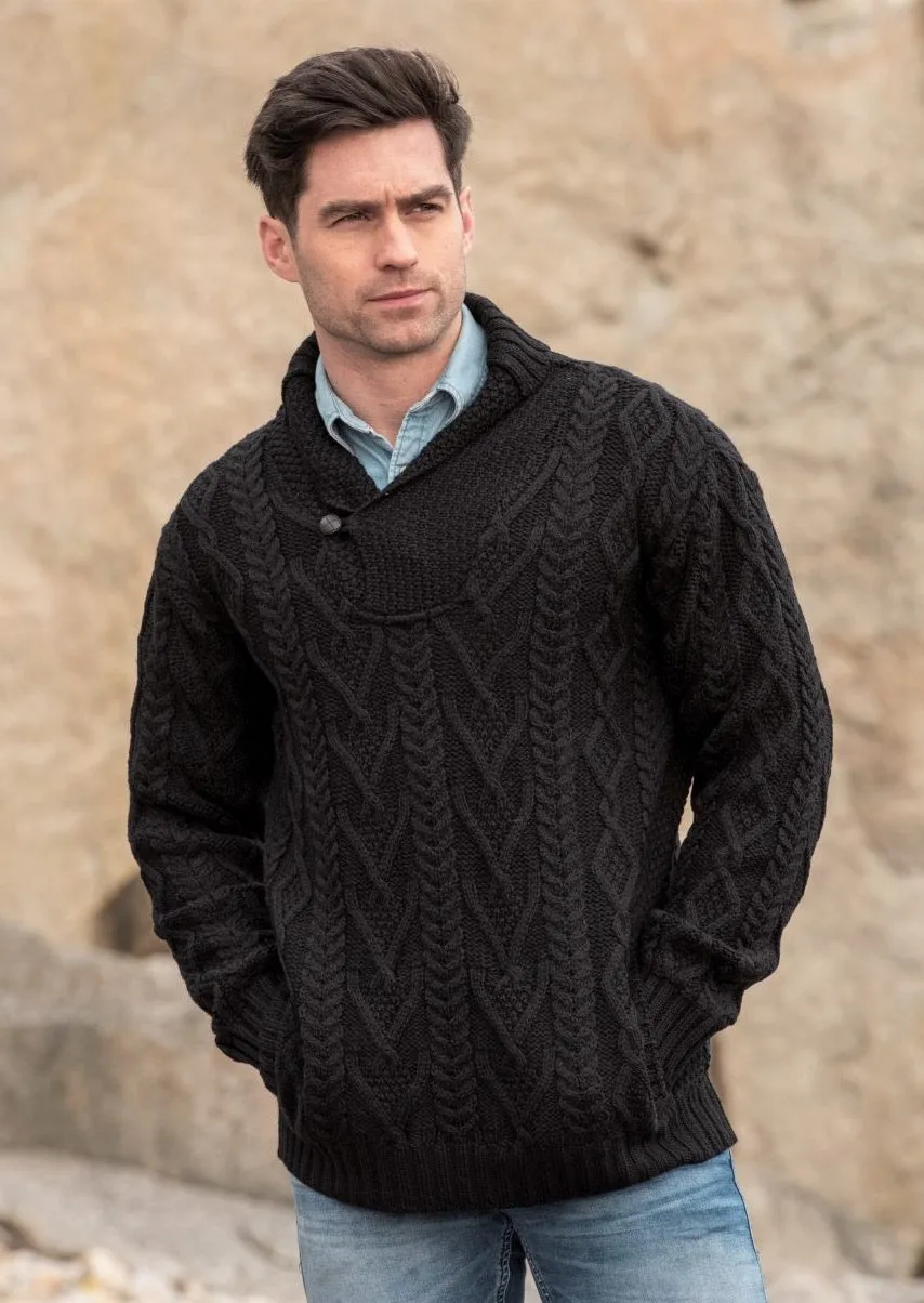 Dublin Shawl Collar Aran Sweater | Black