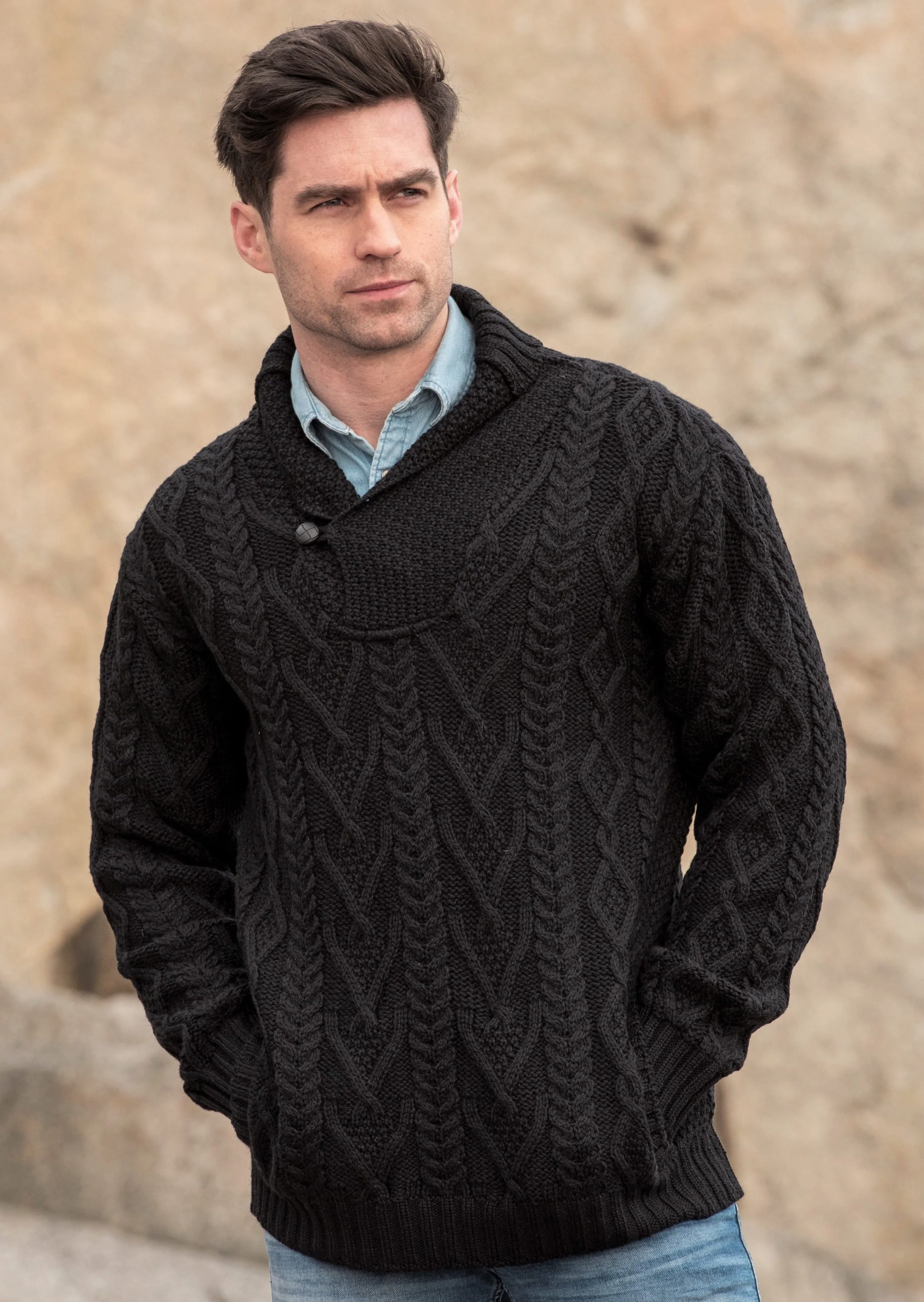 Dublin Shawl Collar Aran Sweater | Black