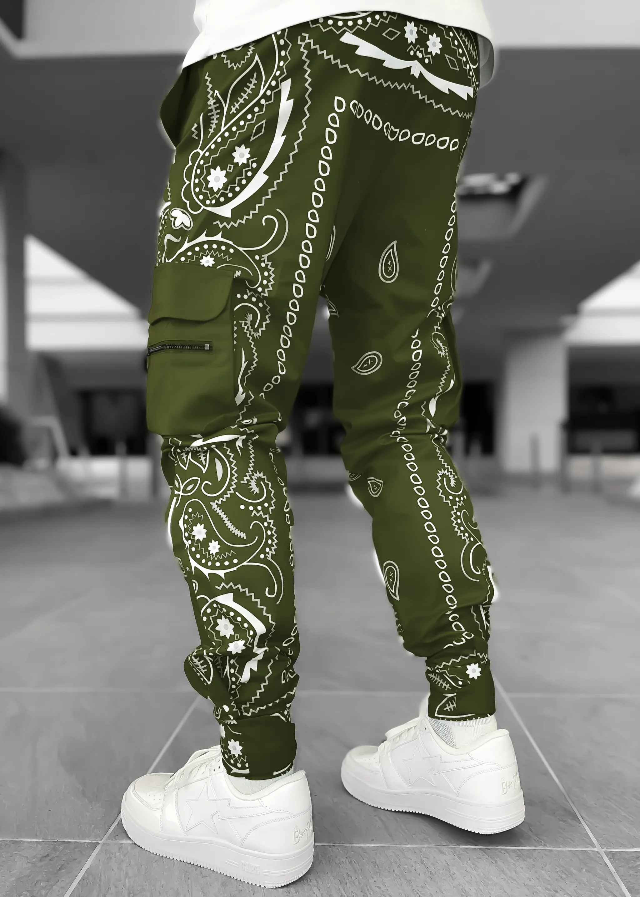 Fashion men's street casual printed multi-pocket trousers