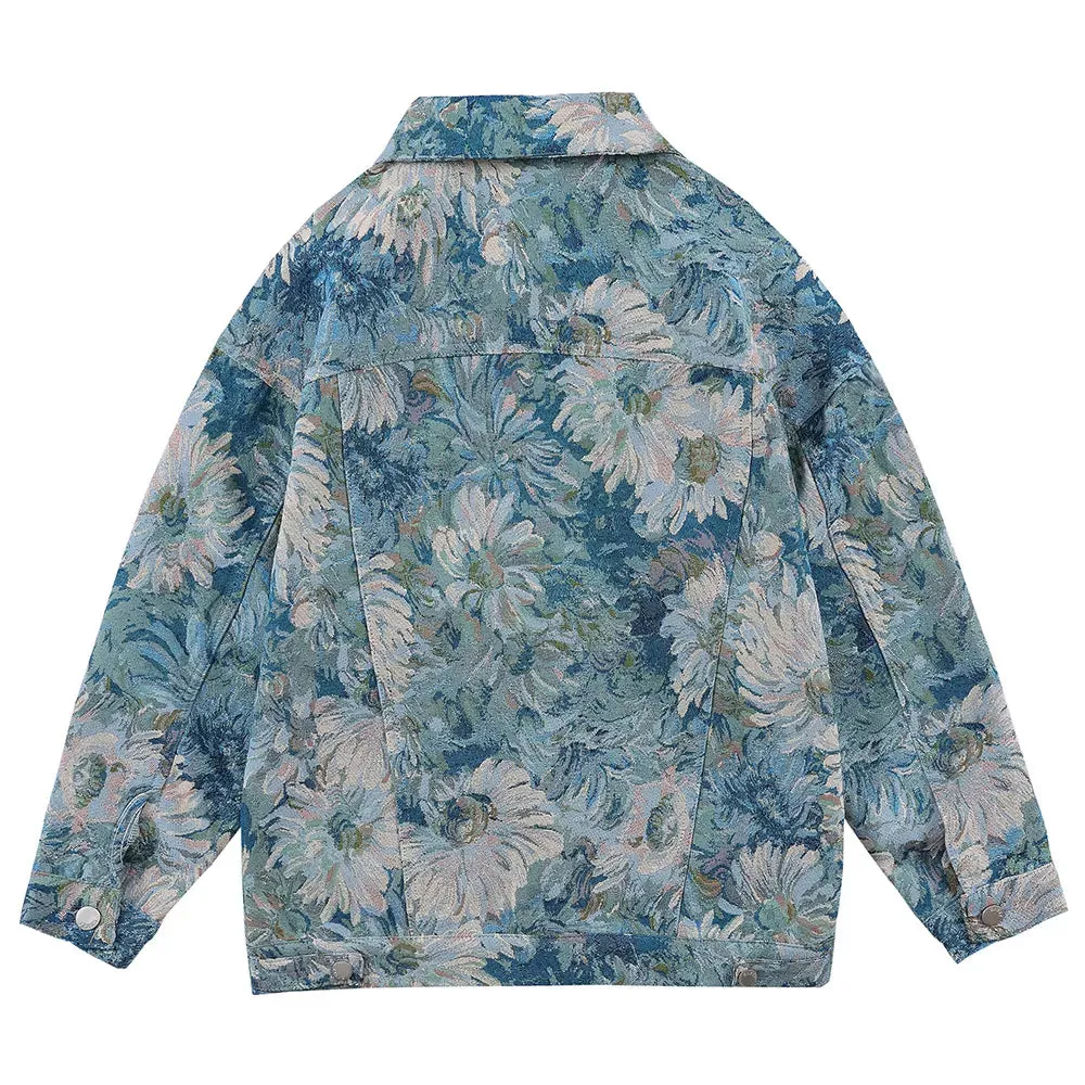 Floral Jacquard Denim Jackets Men Women Oversized Men's Jean Jacket Couple Clothing