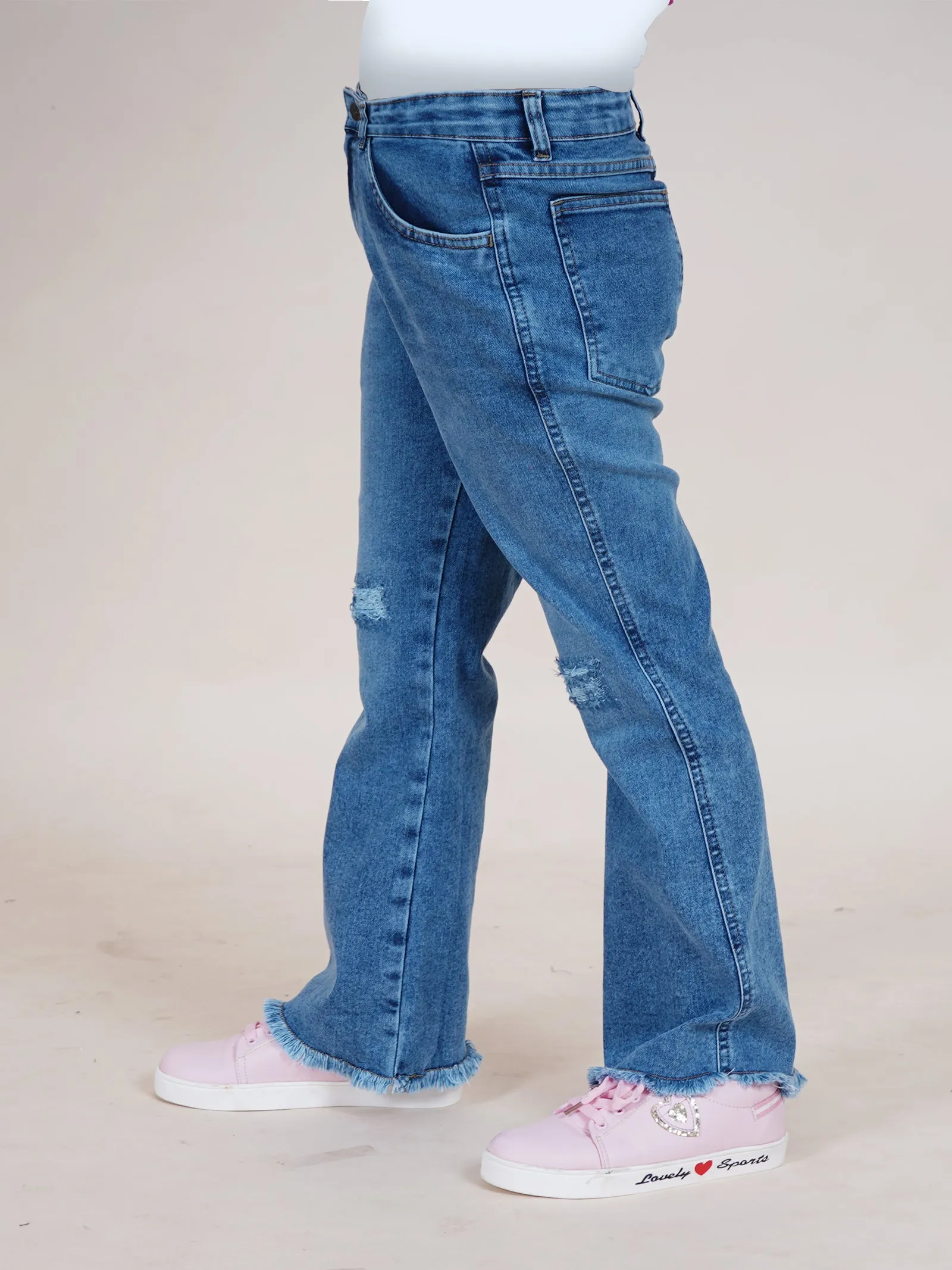 Girls Bottom Flared Knee Distress Stretchable Denim Jeans With Adjustable Elastic Waist