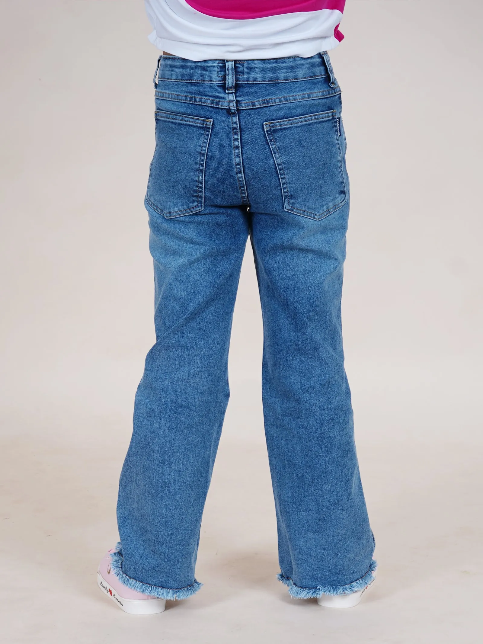 Girls Bottom Flared Knee Distress Stretchable Denim Jeans With Adjustable Elastic Waist