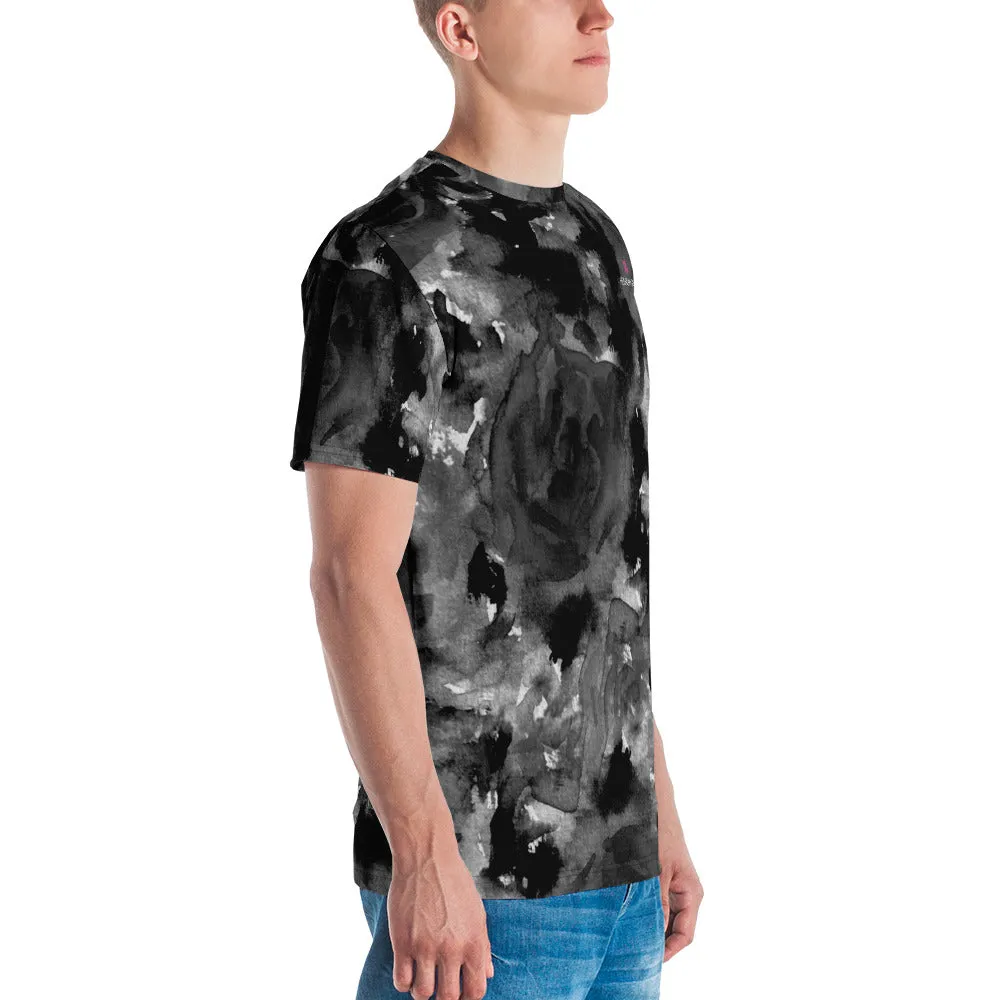 Grey Abstract Floral Men's T-shirt, Flower Print Gray Print Luxury Tee For Men-Made in USA/EU/MX