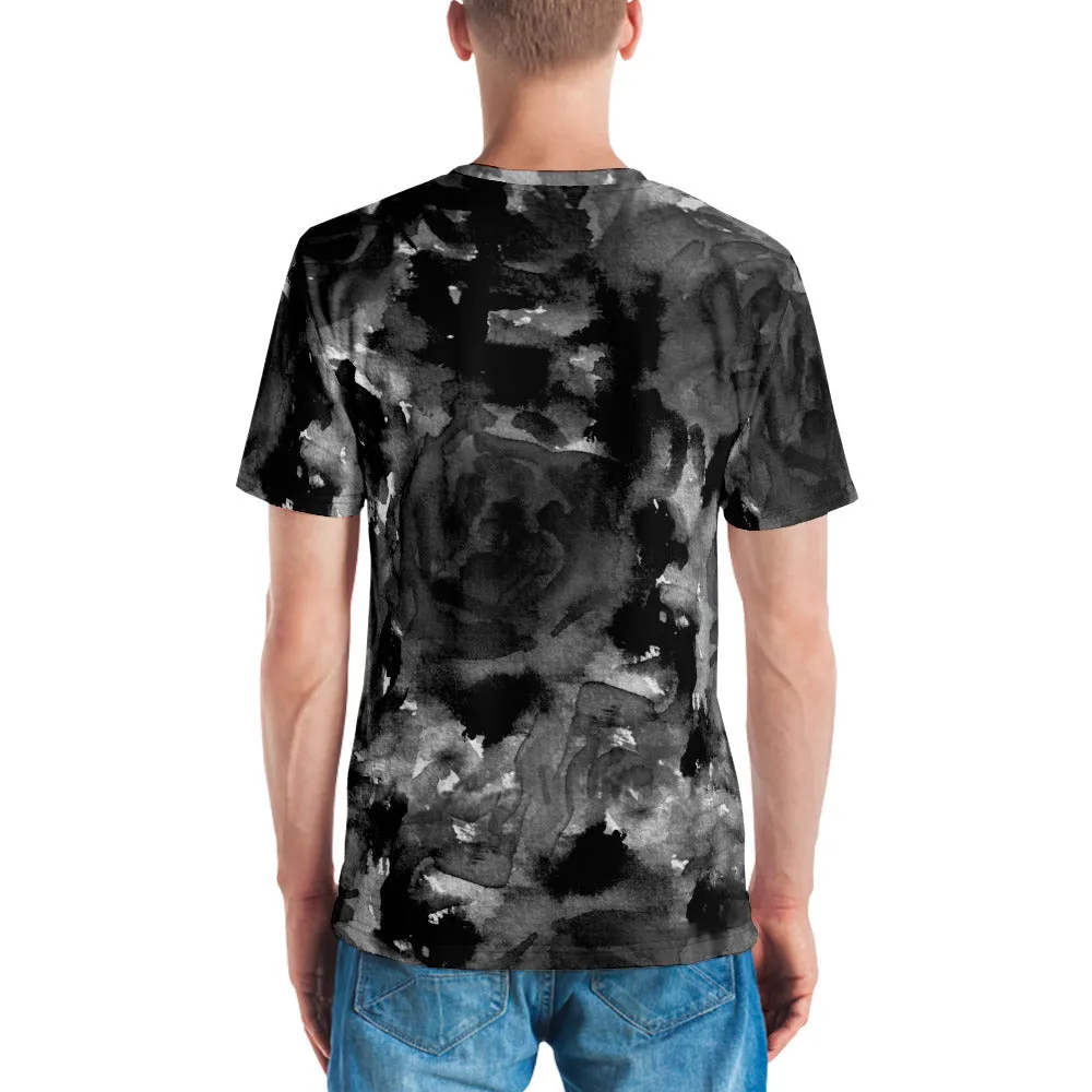 Grey Abstract Floral Men's T-shirt, Flower Print Gray Print Luxury Tee For Men-Made in USA/EU/MX