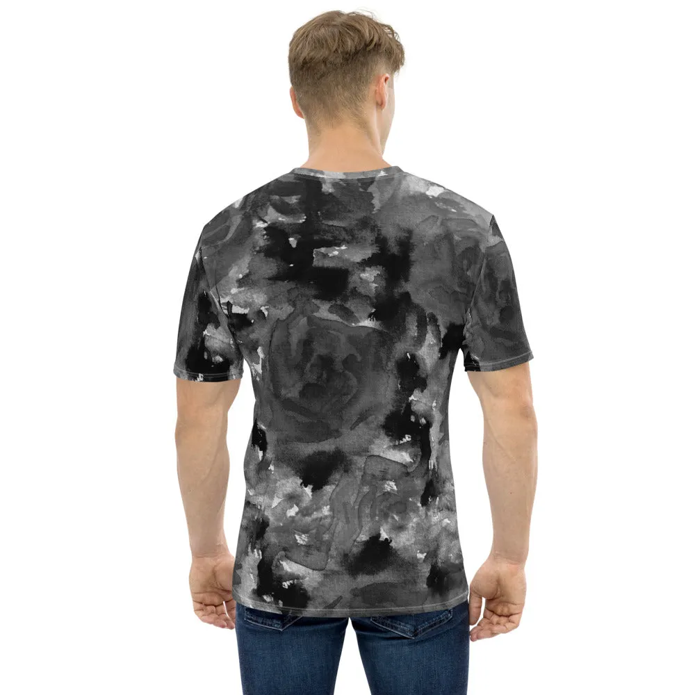 Grey Floral Print Men's T-shirt, Abstract Flower Premium Best Men's Tee-Made in USA/EU/MX