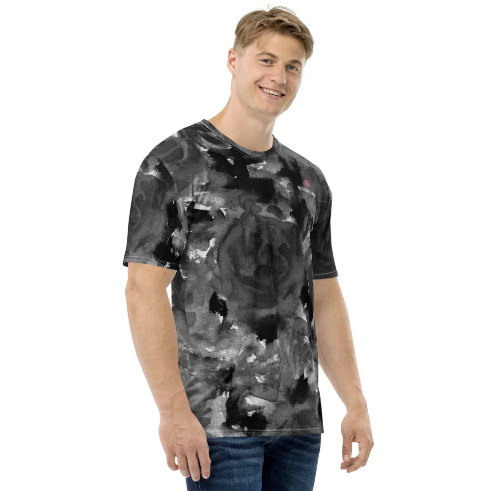 Grey Floral Print Men's T-shirt, Abstract Flower Premium Best Men's Tee-Made in USA/EU/MX