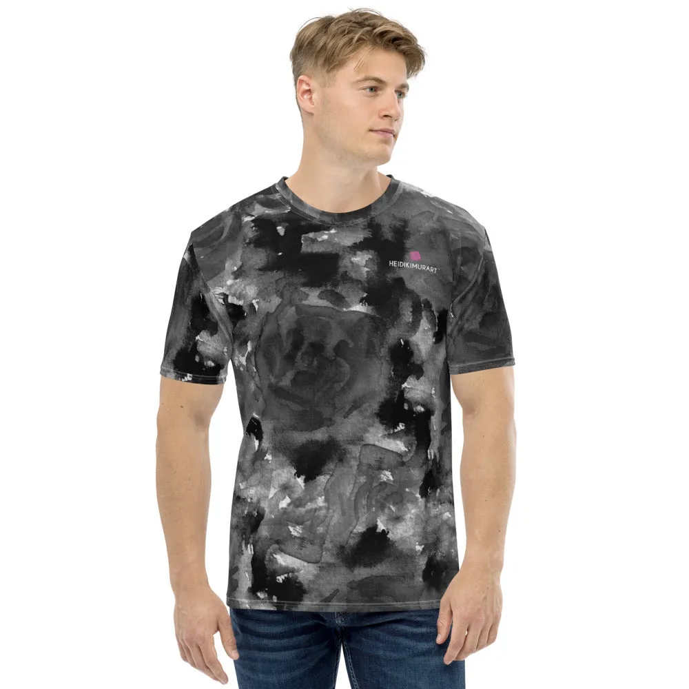 Grey Floral Print Men's T-shirt, Abstract Flower Premium Best Men's Tee-Made in USA/EU/MX