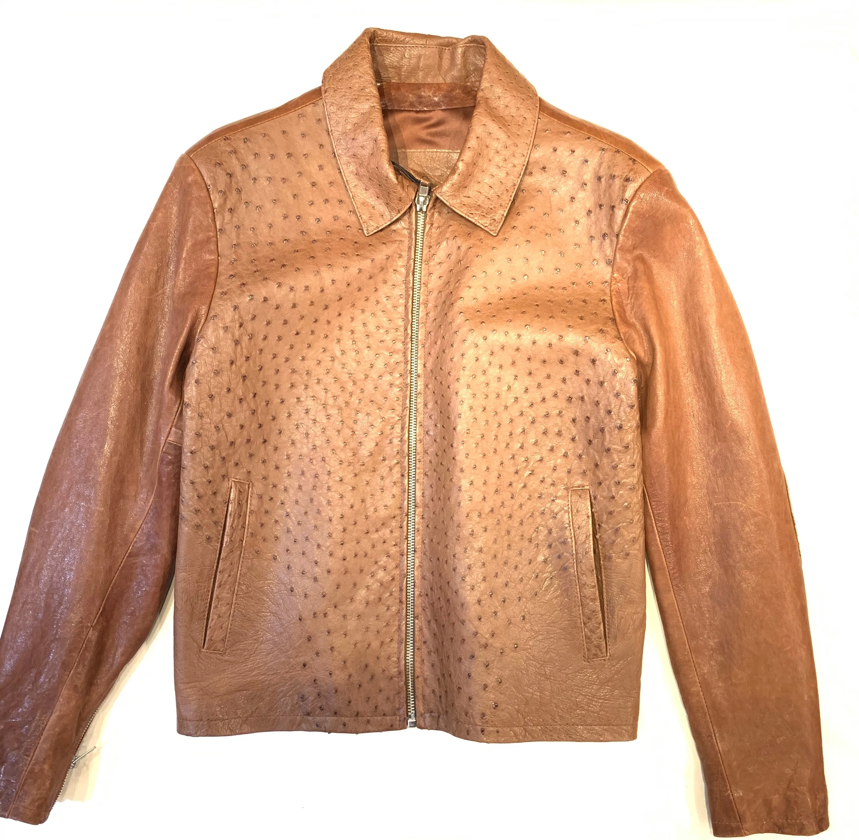 Kashani Chocolate Brown Ostrich Quill/Lambskin Collared Bomber Jacket