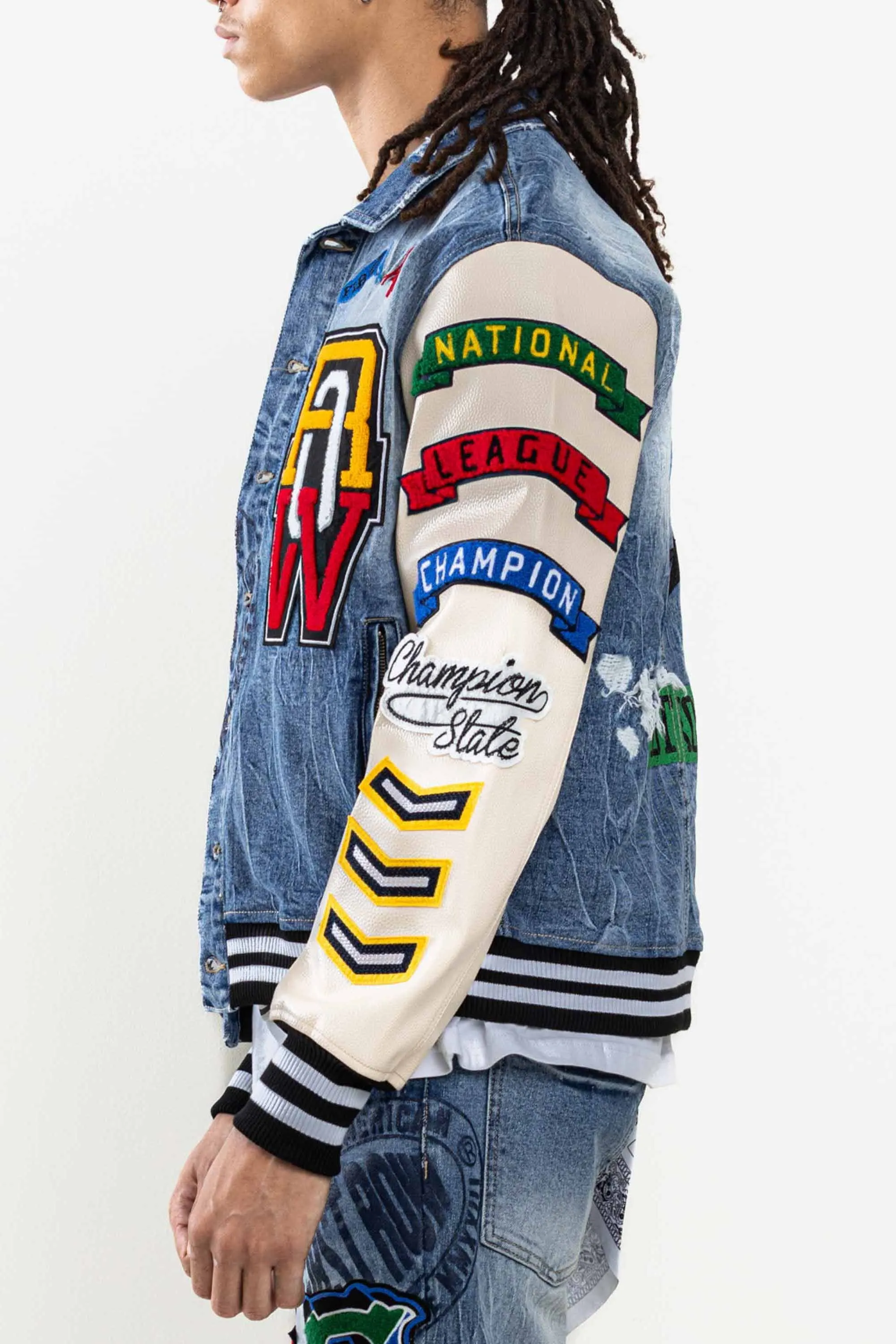 Light Stone Tint Multi Patches Varsity Denim Jacket