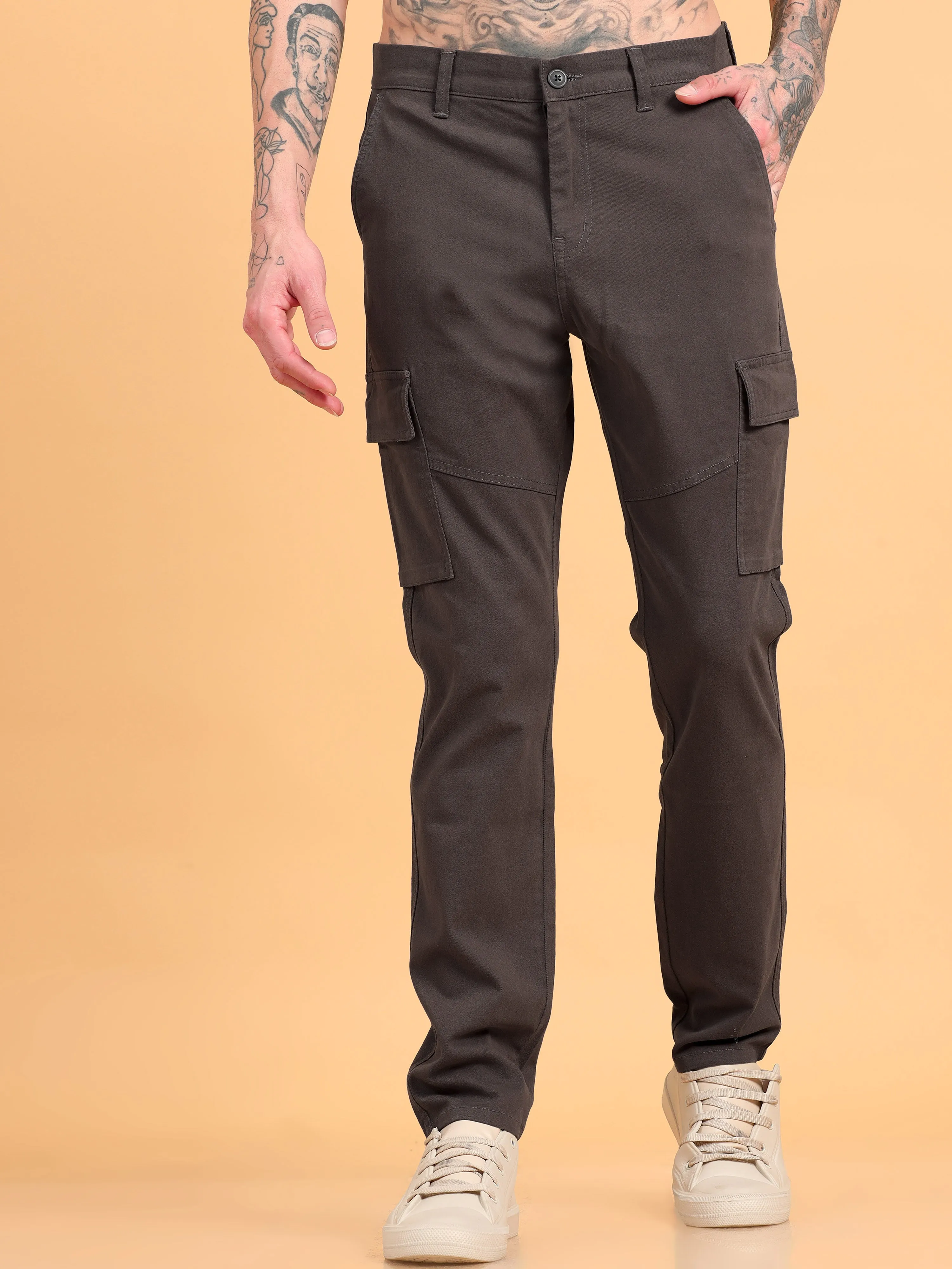 Men 2 Cotton Regular Fit Cargo Trousers, GRAPHITE GREY NAVY