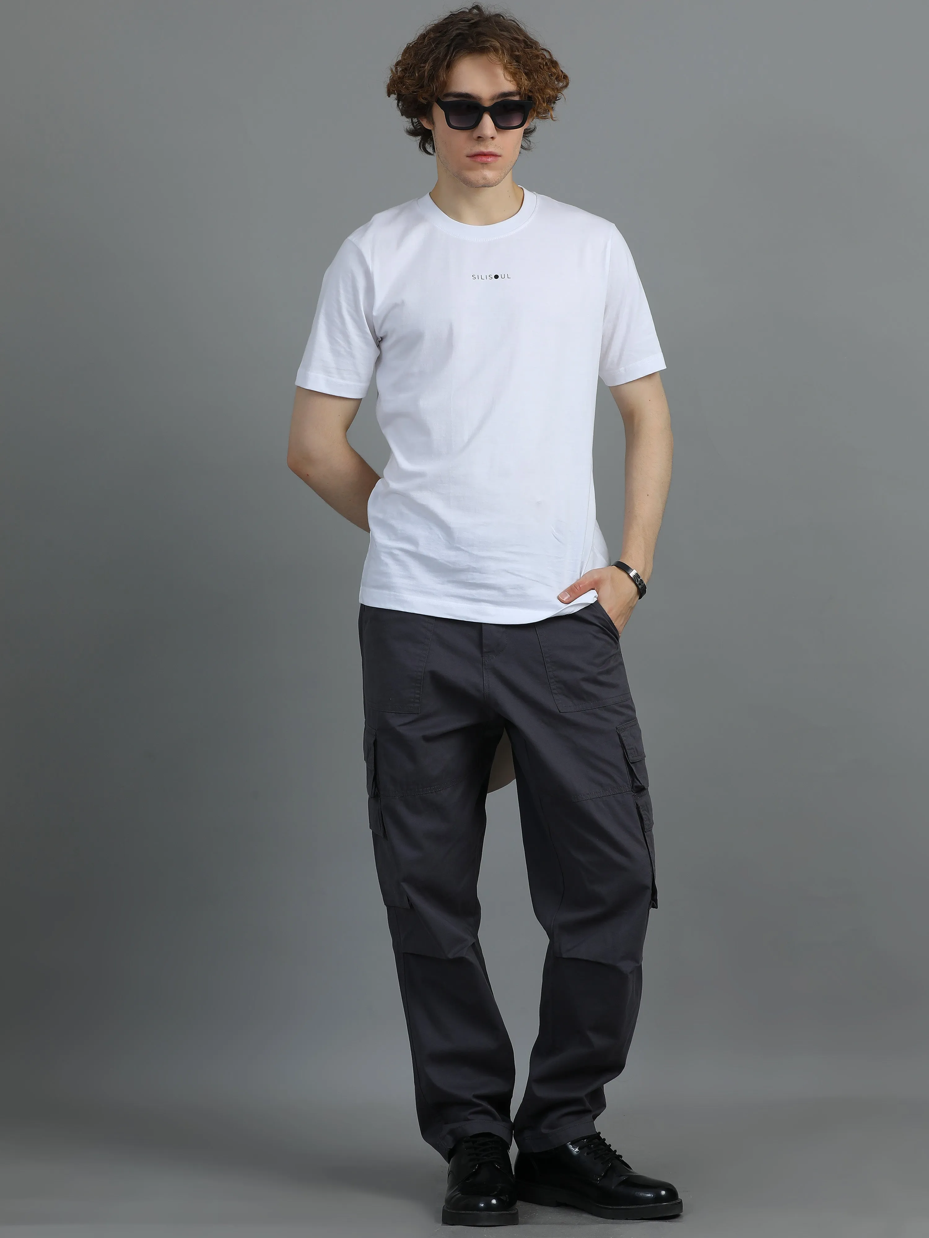 Men 2 Cotton Relaxed Fit Cargo Trousers, Charcoal Grey Black