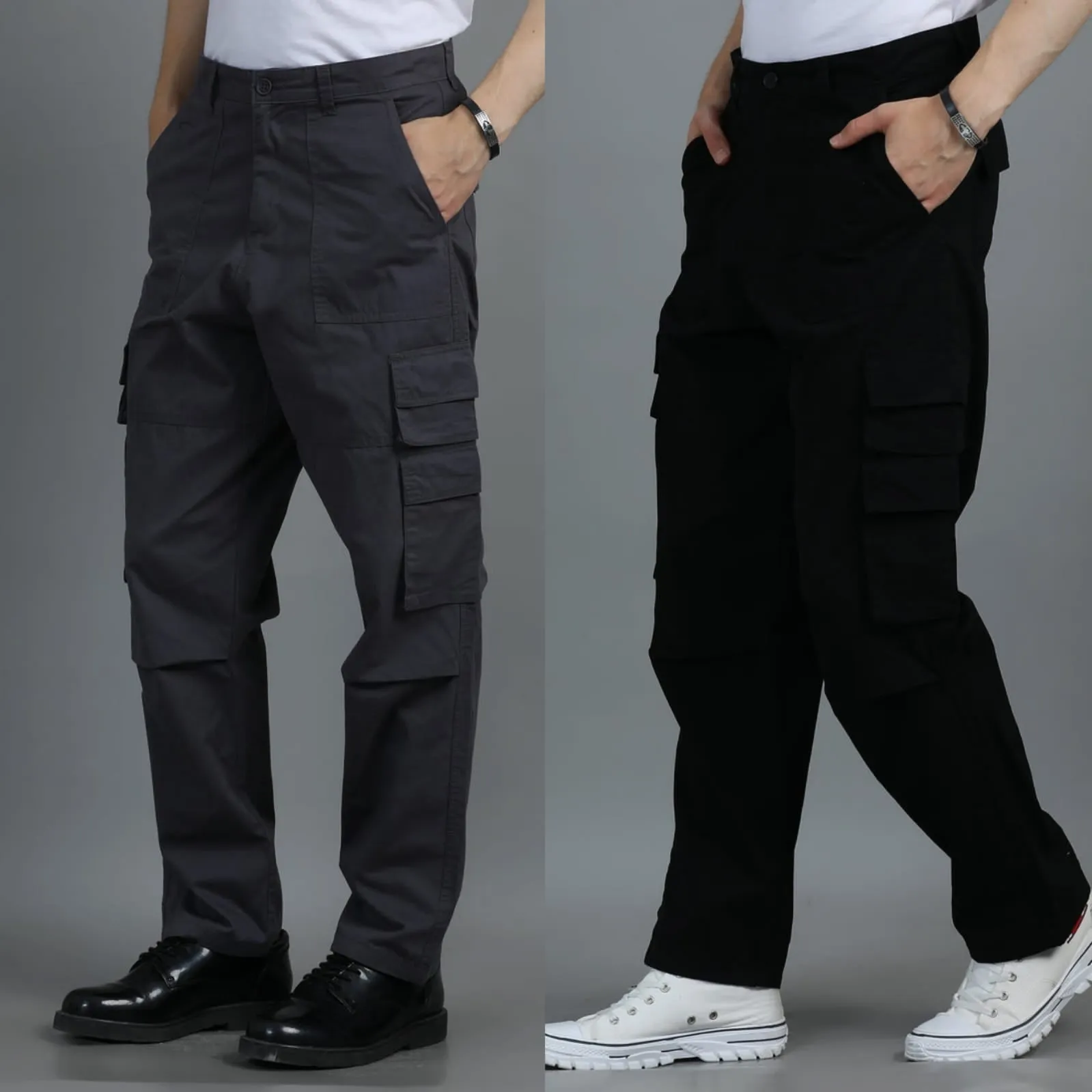 Men 2 Cotton Relaxed Fit Cargo Trousers, Charcoal Grey Black