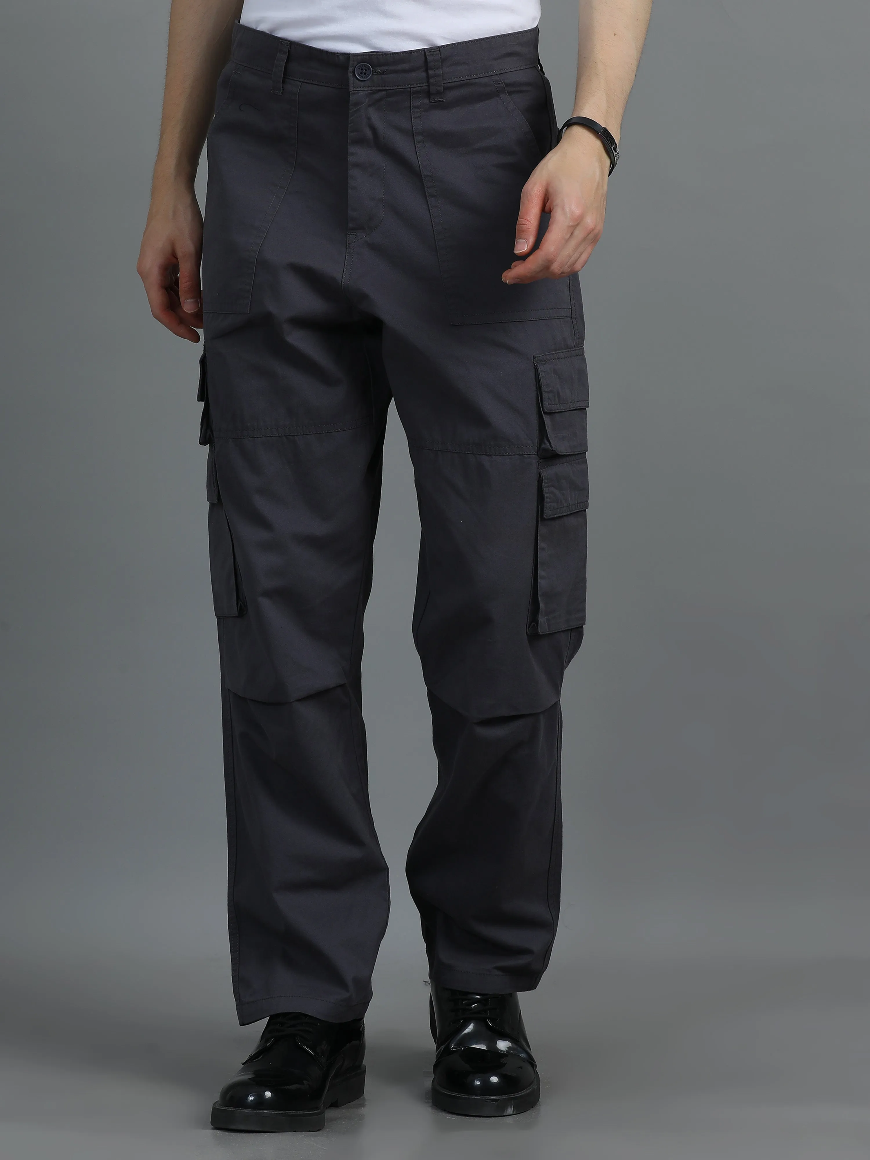 Men 2 Cotton Relaxed Fit Cargo Trousers, Charcoal Grey Black