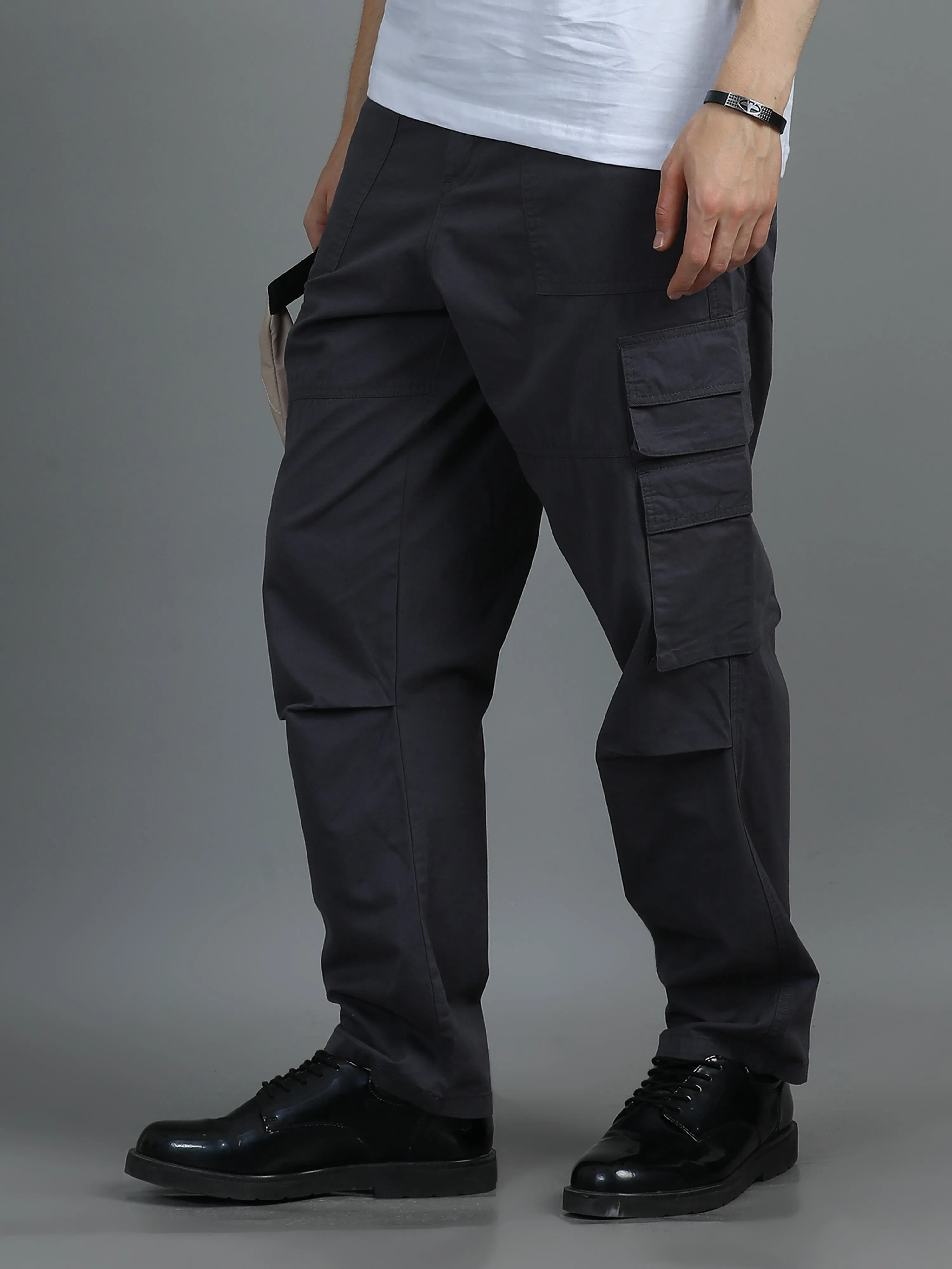 Men 2 Cotton Relaxed Fit Cargo Trousers, Charcoal Grey Black