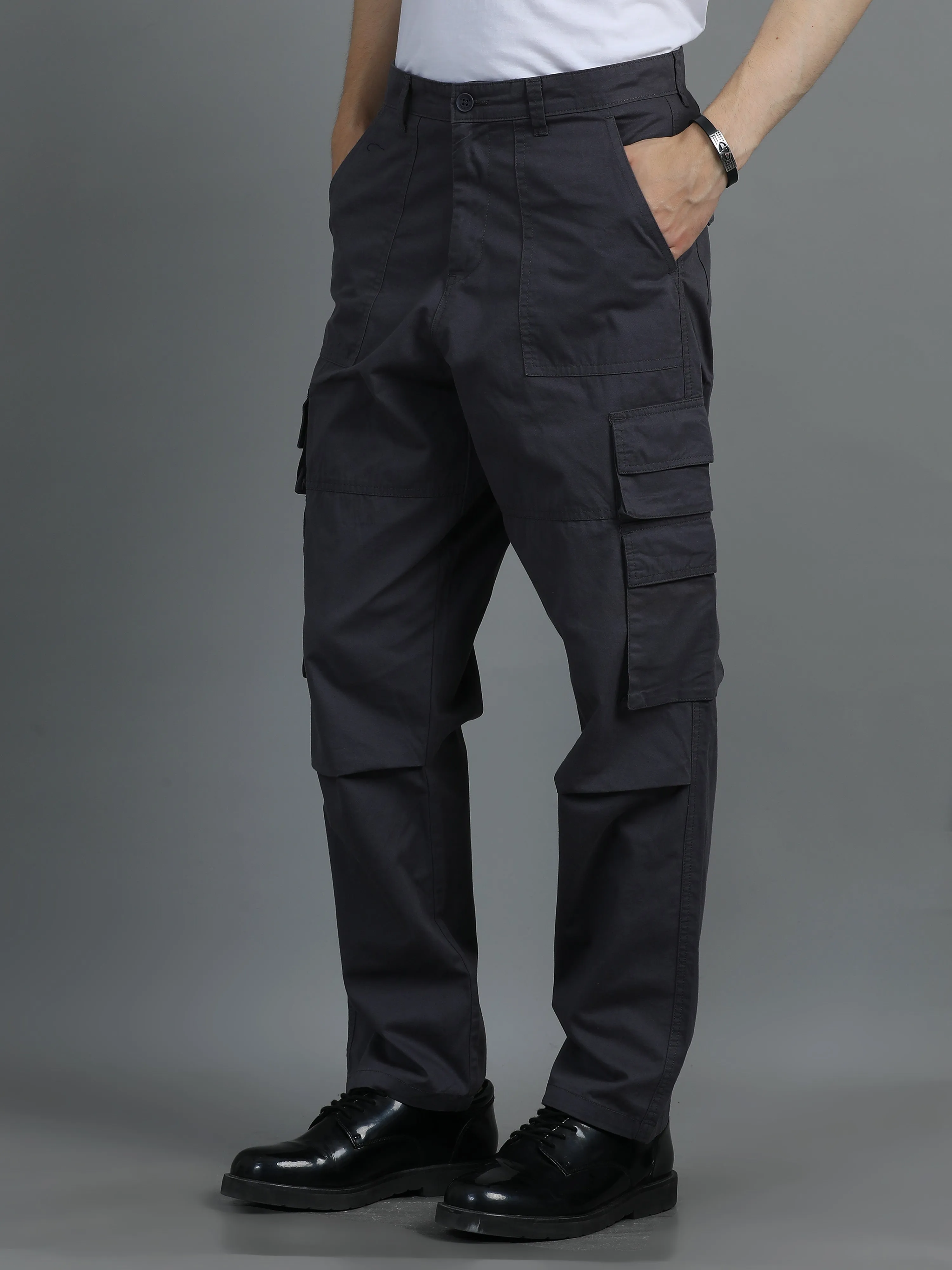 Men 2 Cotton Relaxed Fit Cargo Trousers, Charcoal Grey Black